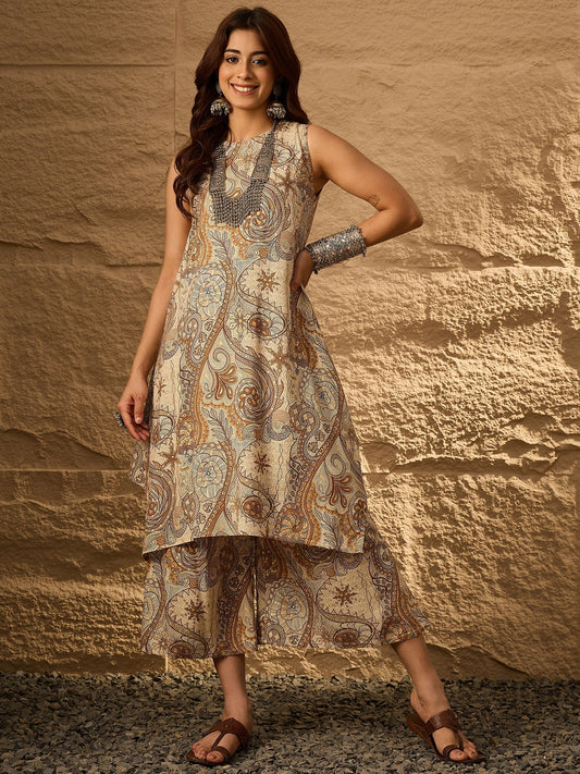 InWeave Beige Paisley Flower R Neck Kurta Set - Swadesiicart