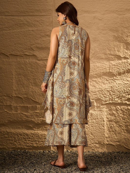 InWeave Beige Paisley Flower R Neck Kurta Set - Swadesiicart