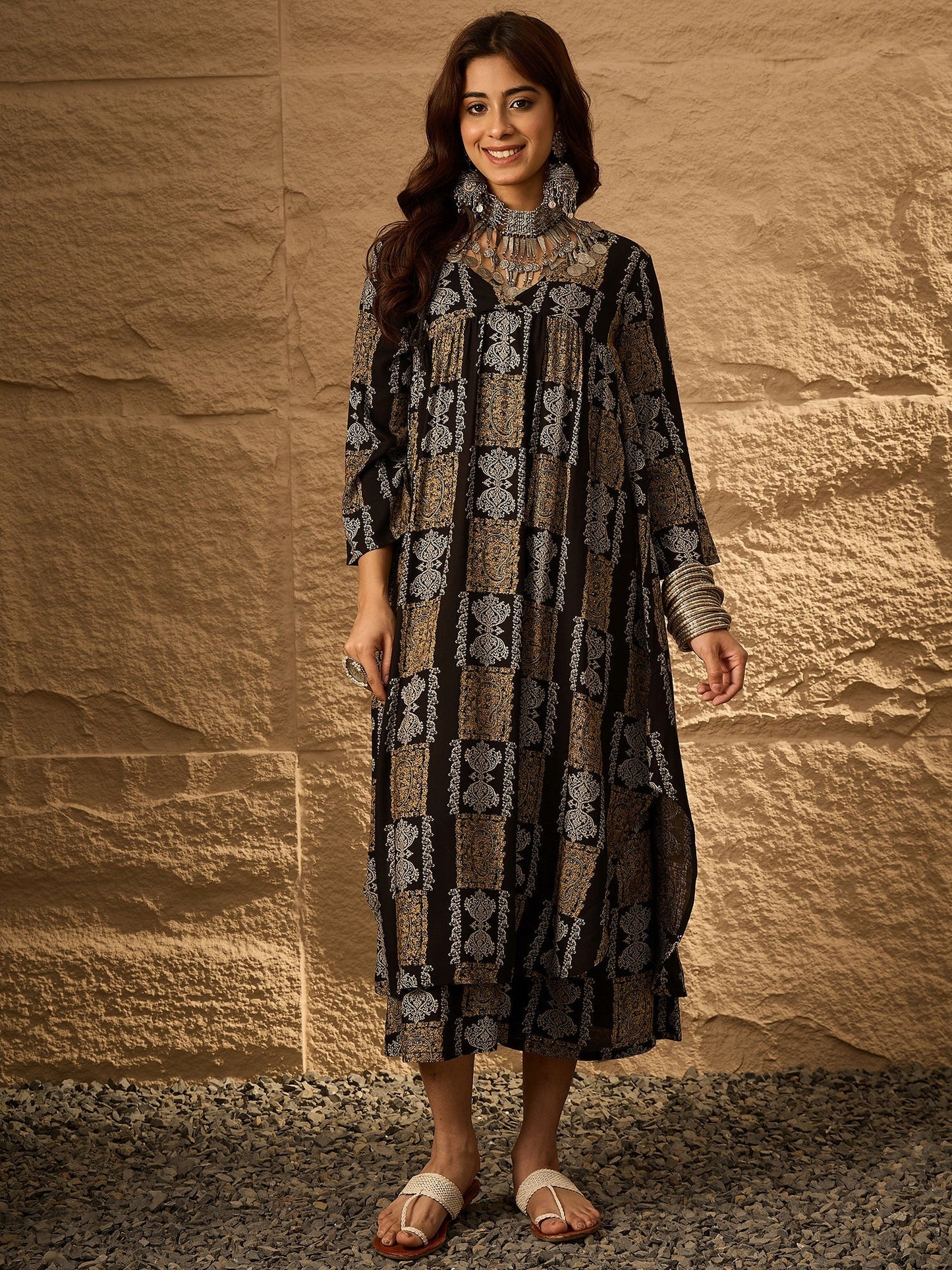 InWeave Black Golden Beige V-Flared Kurta Set - Swadesiicart
