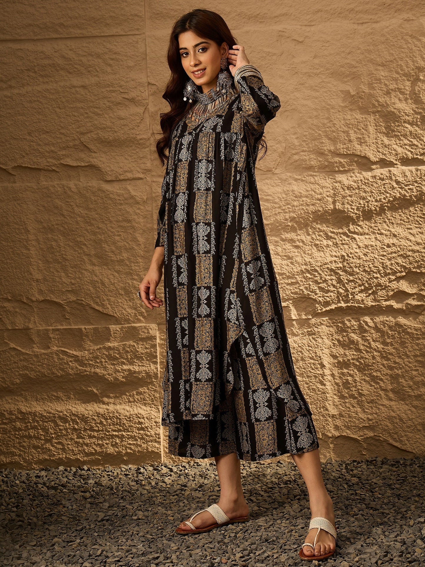 InWeave Black Golden Beige V-Flared Kurta Set - Swadesiicart