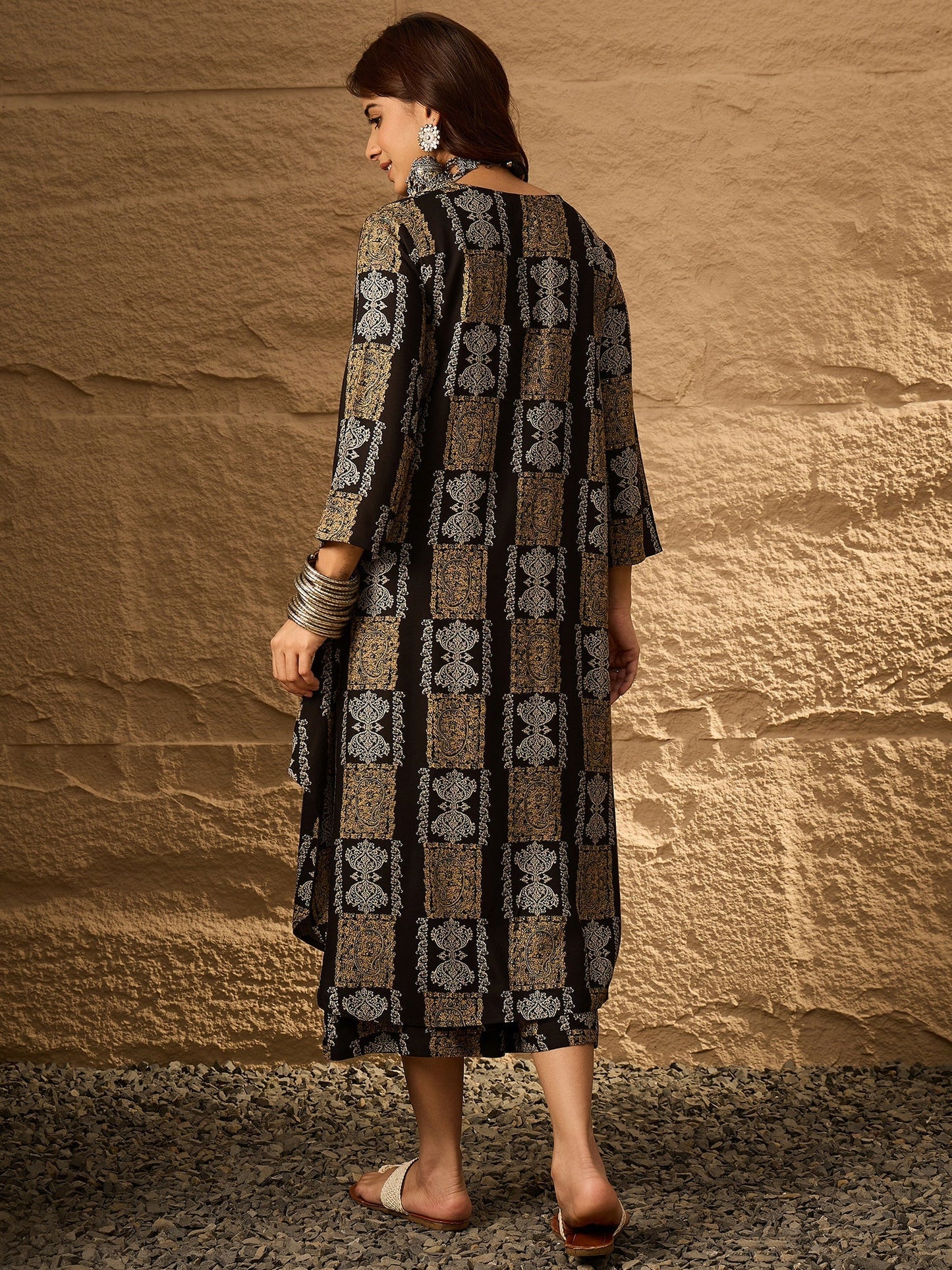 InWeave Black Golden Beige V-Flared Kurta Set - Swadesiicart