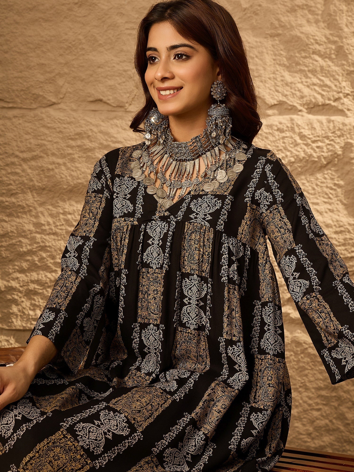 InWeave Black Golden Beige V-Flared Kurta Set - Swadesiicart
