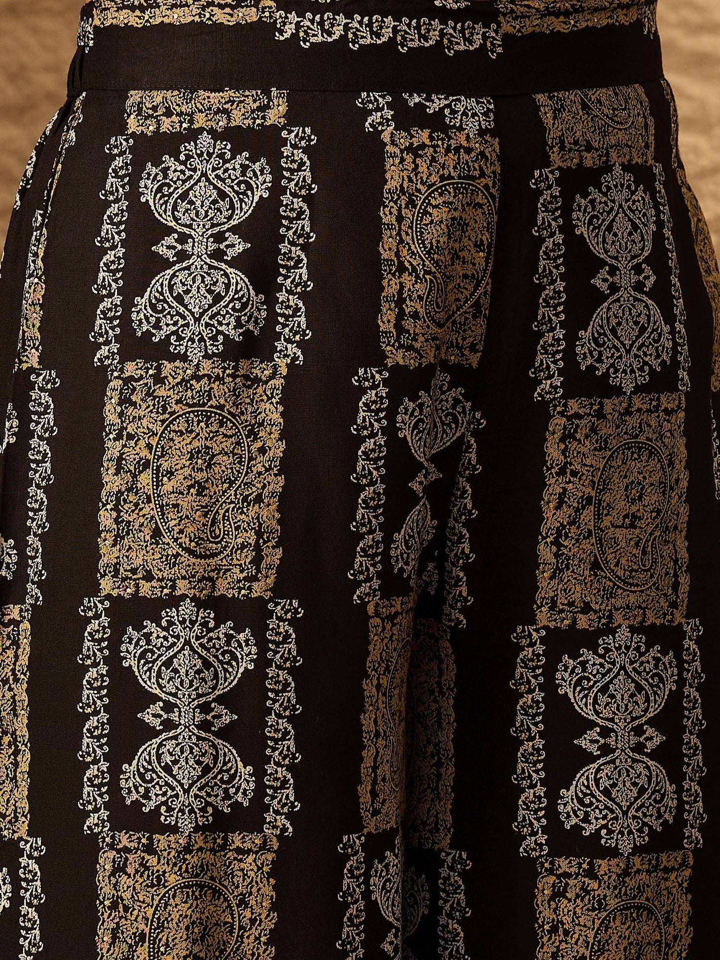 InWeave Black Golden Beige V-Flared Kurta Set - Swadesiicart