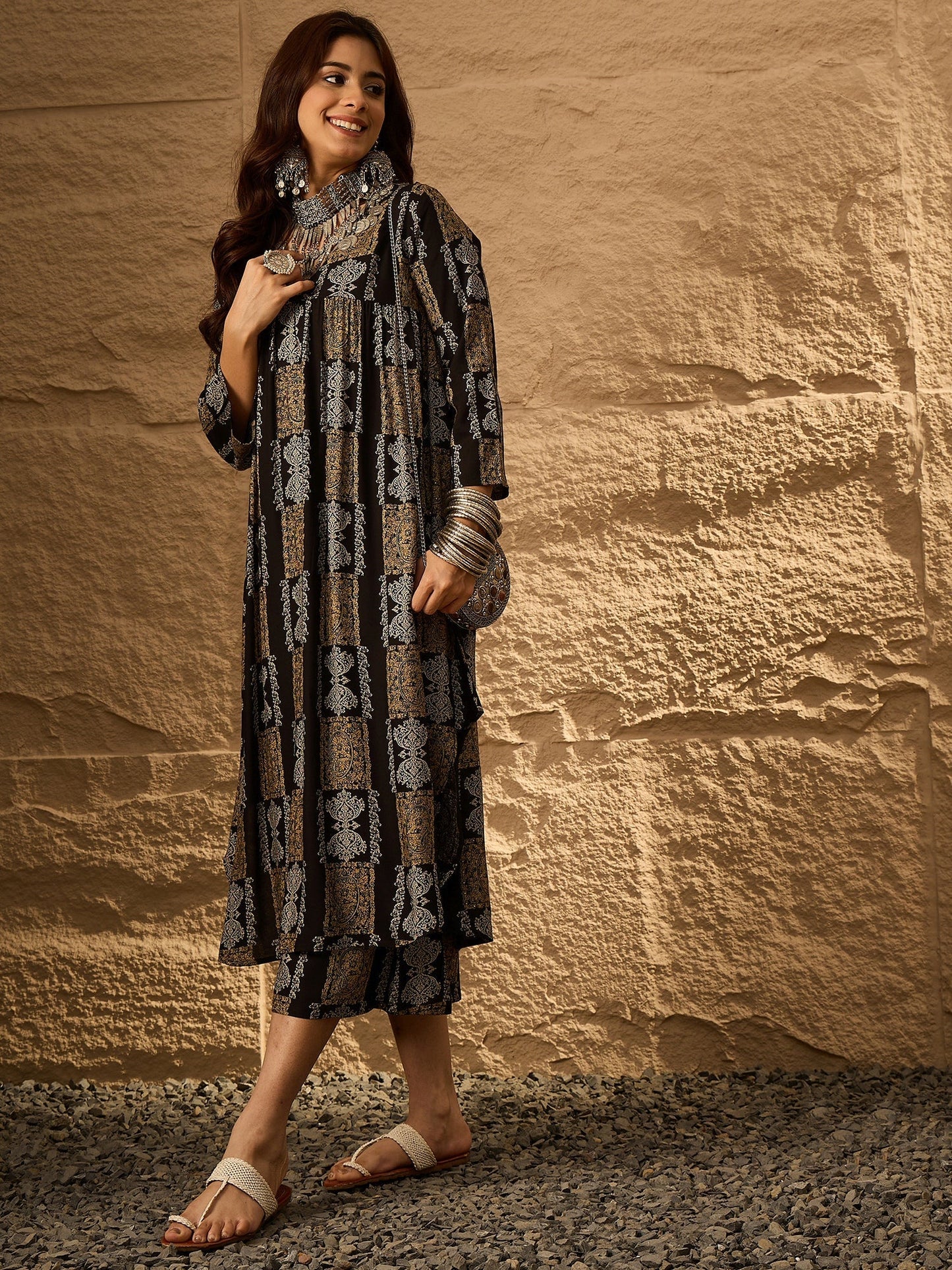 InWeave Black Golden Beige V-Flared Kurta Set - Swadesiicart