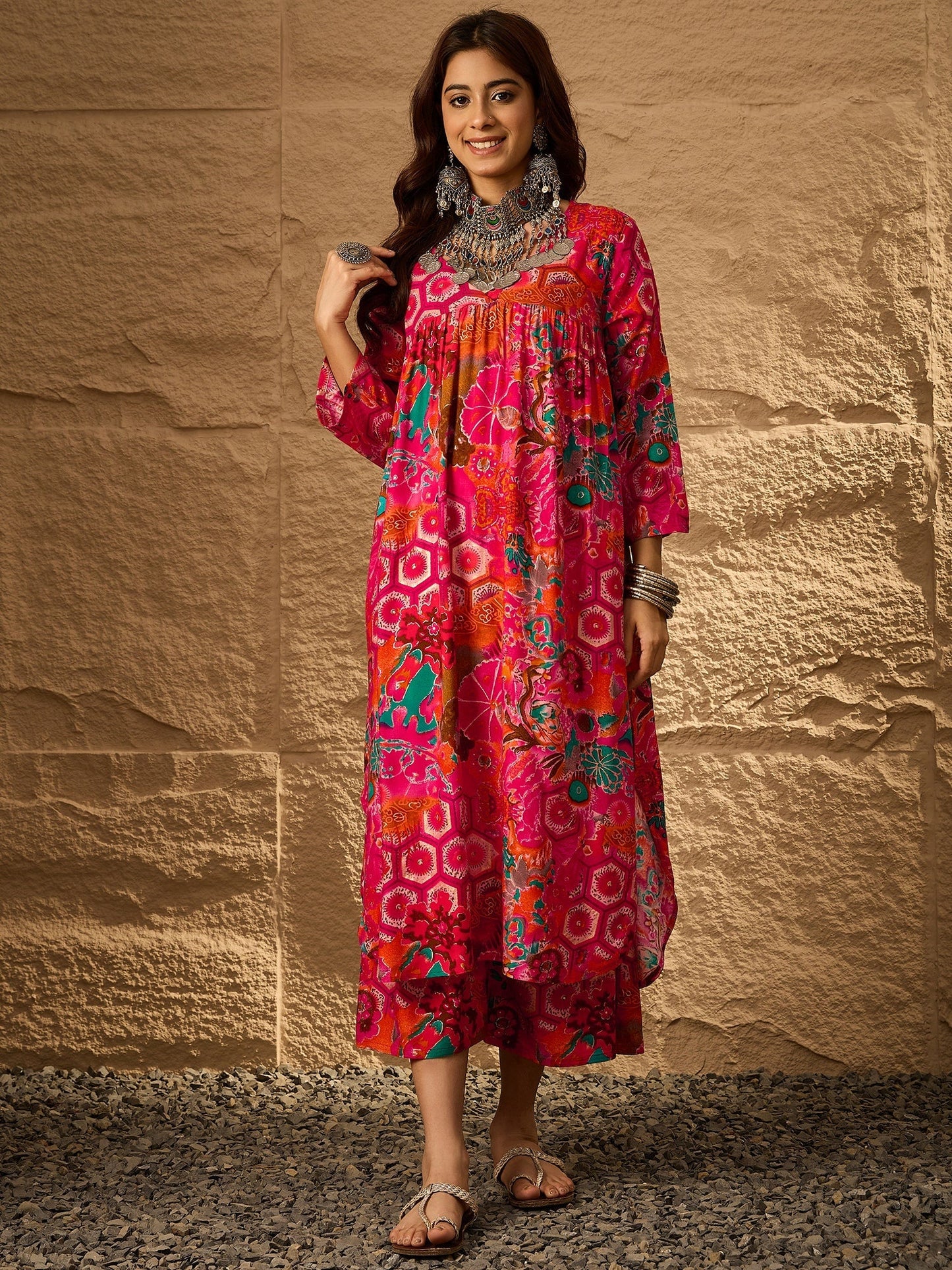 InWeave Fuchsia Orange V-Flared Kurta Set - Swadesiicart