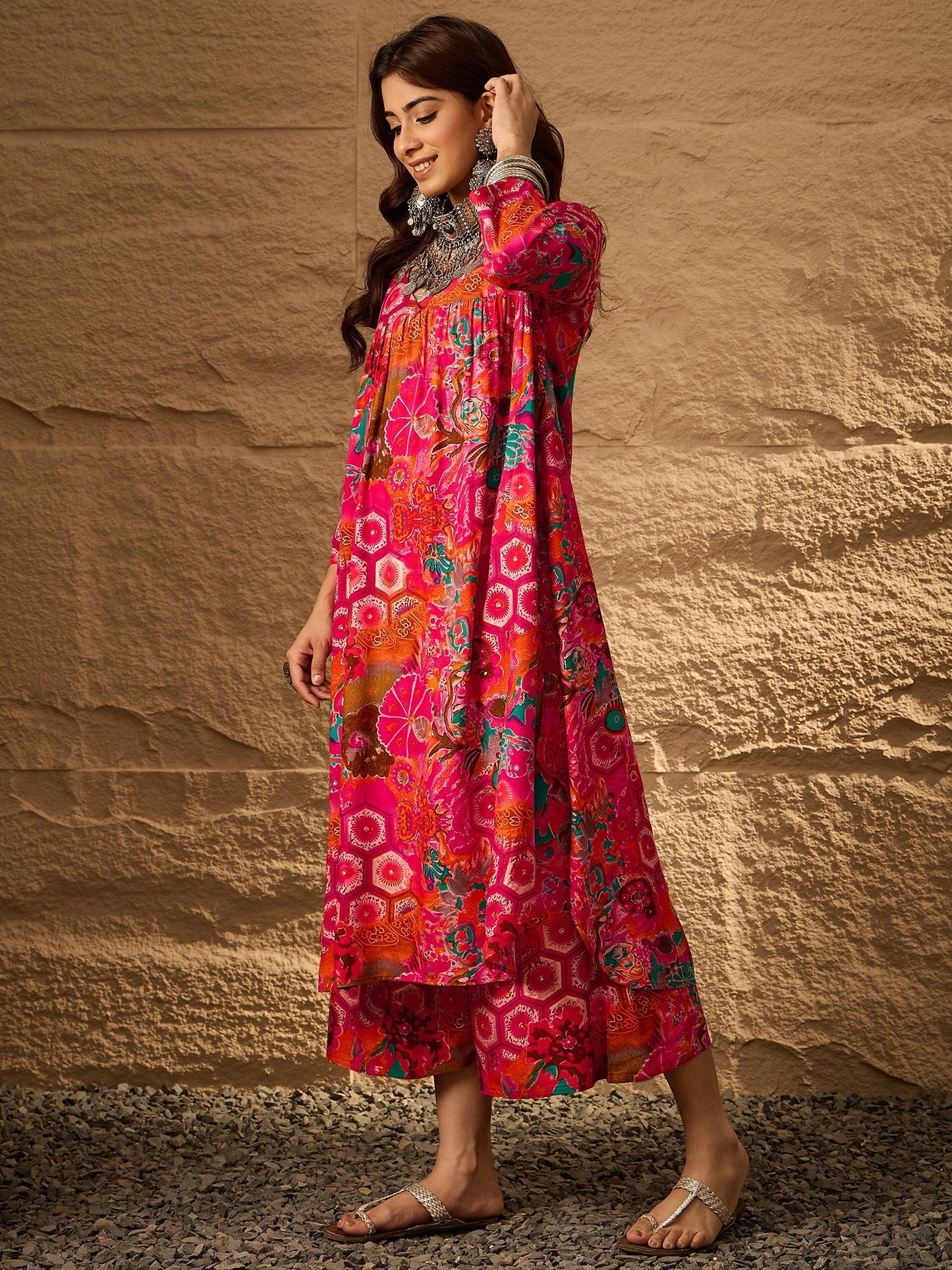 InWeave Fuchsia Orange V-Flared Kurta Set - Swadesiicart
