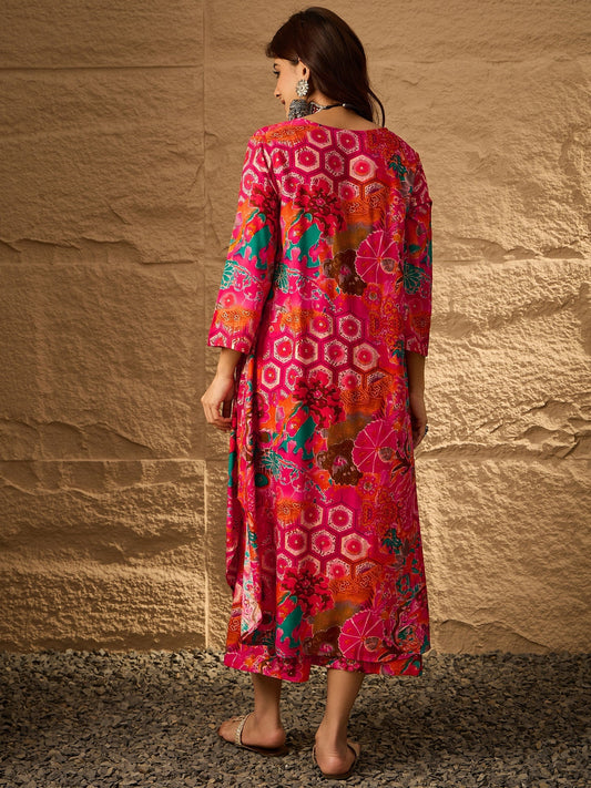 InWeave Fuchsia Orange V-Flared Kurta Set - Swadesiicart