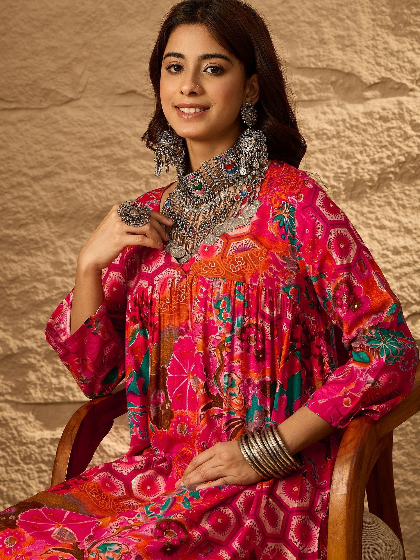 InWeave Fuchsia Orange V-Flared Kurta Set - Swadesiicart