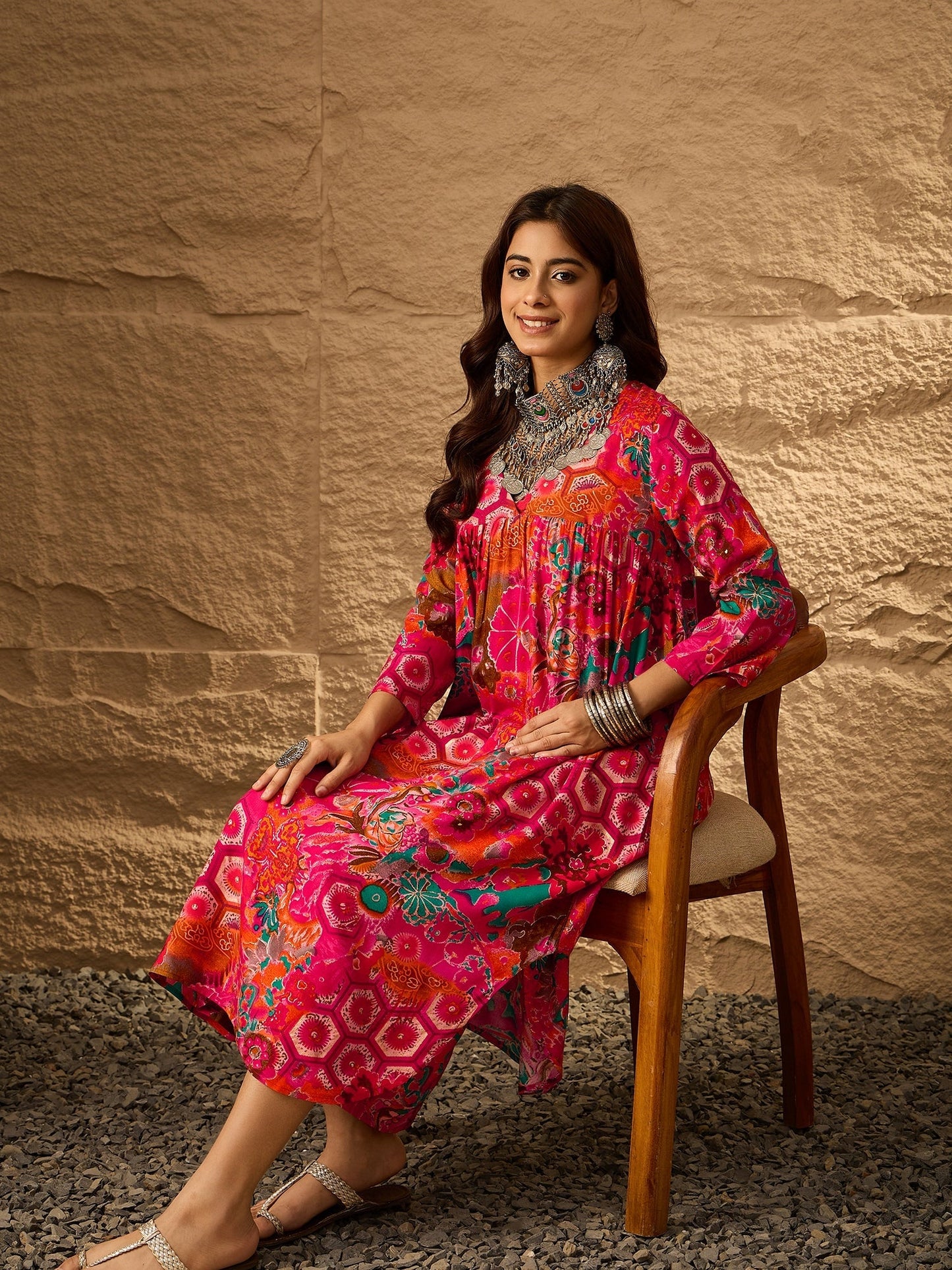 InWeave Fuchsia Orange V-Flared Kurta Set - Swadesiicart