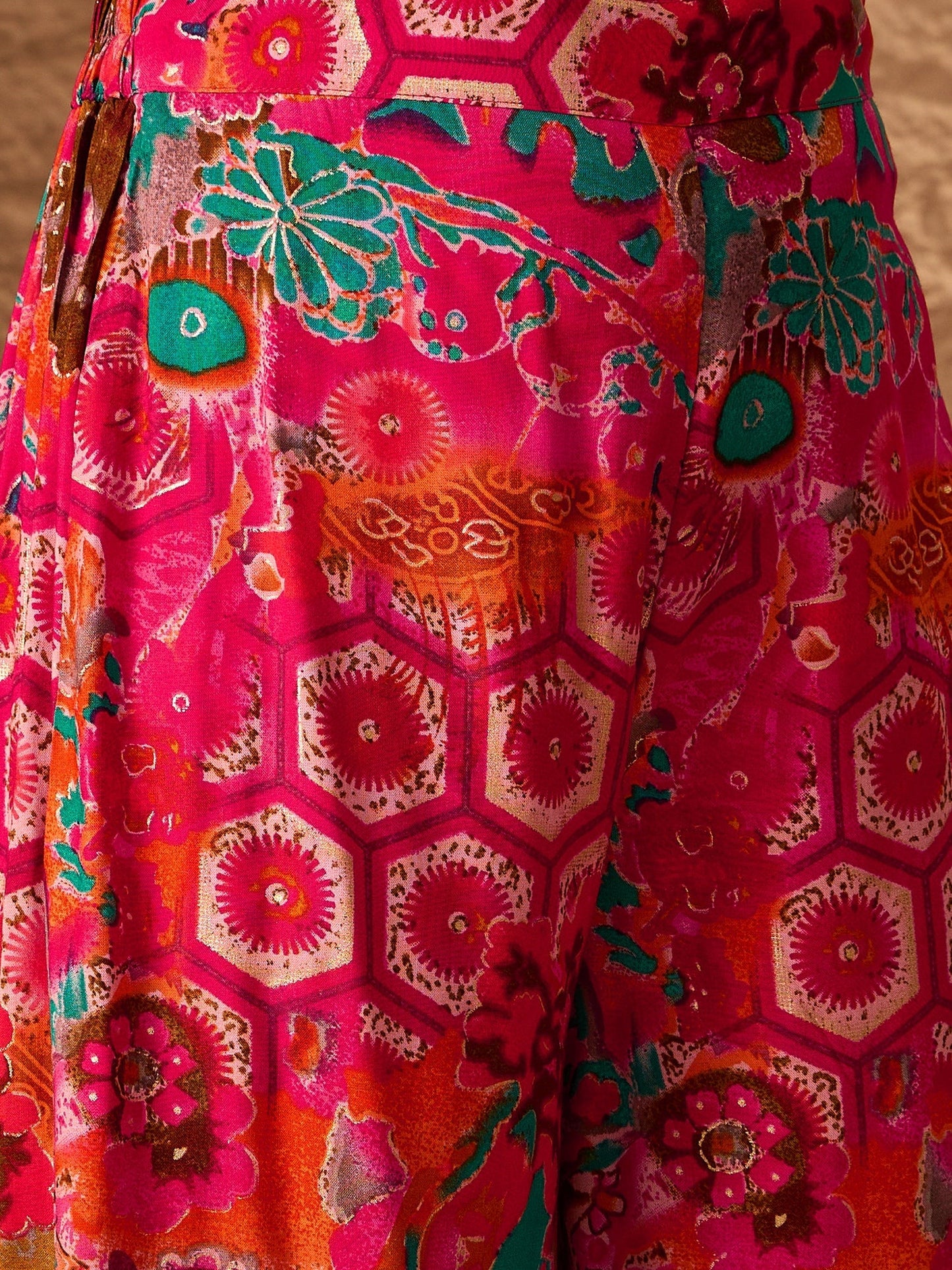 InWeave Fuchsia Orange V-Flared Kurta Set - Swadesiicart
