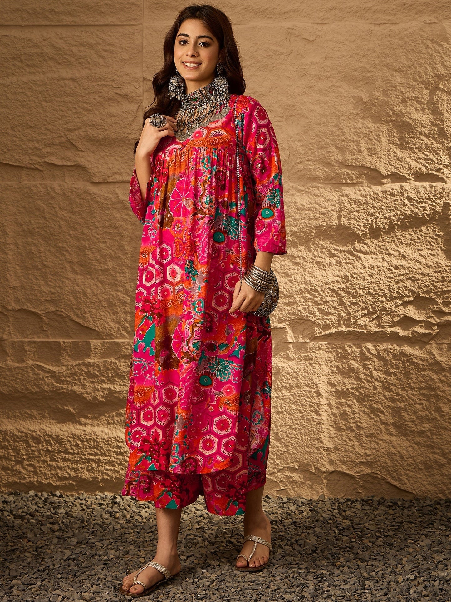 InWeave Fuchsia Orange V-Flared Kurta Set - Swadesiicart
