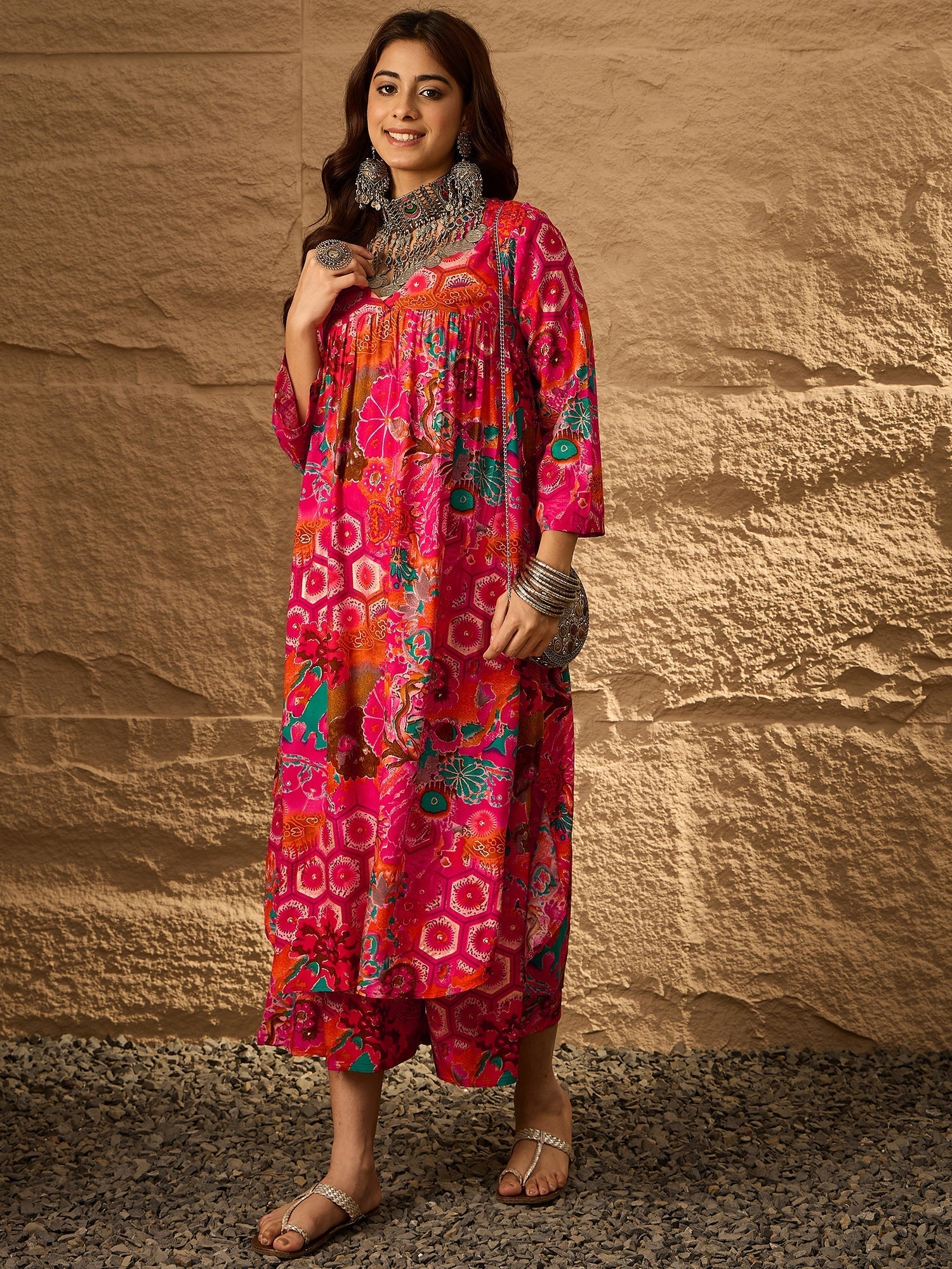 InWeave Fuchsia Orange V-Flared Kurta Set - Swadesiicart