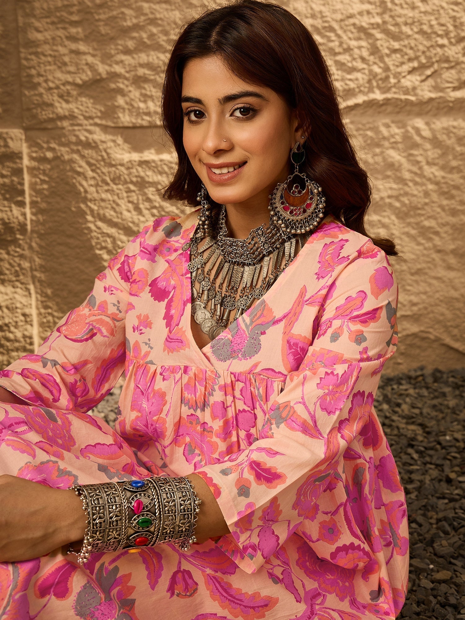InWeave Light Peach Big V-Flared Kurta Set - Swadesiicart