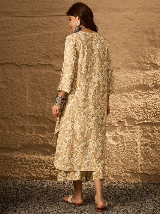 InWeave Off White Swirl V-Flared Kurta Set - Swadesiicart