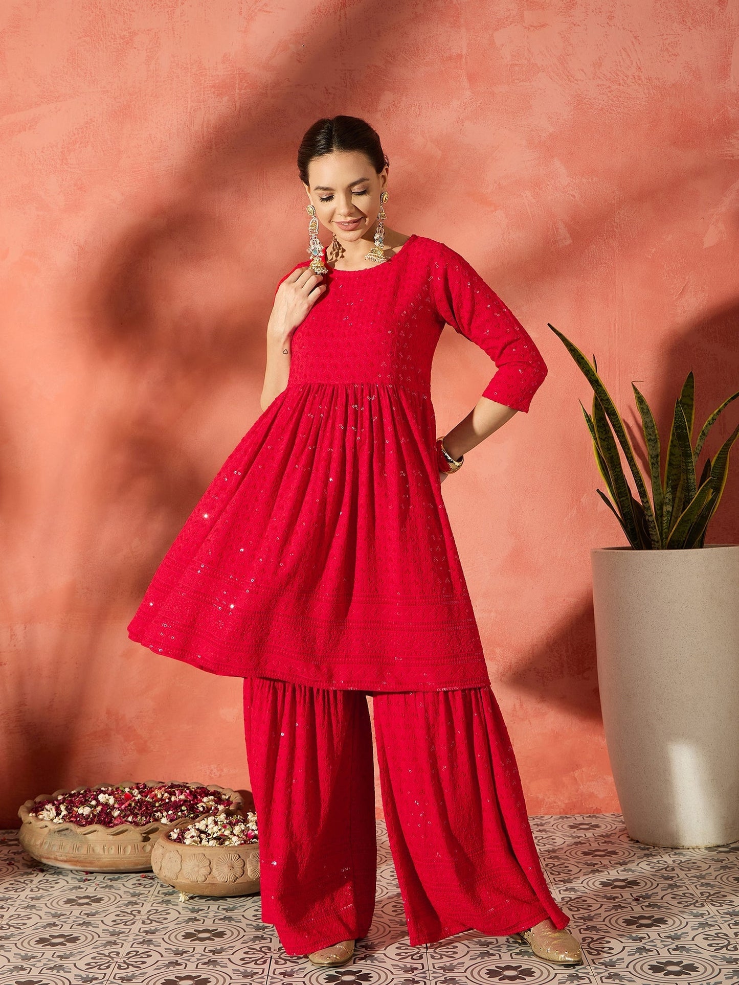 InWeave Red Chikankari Anarkali Kurta Sharara Set - Swadesiicart
