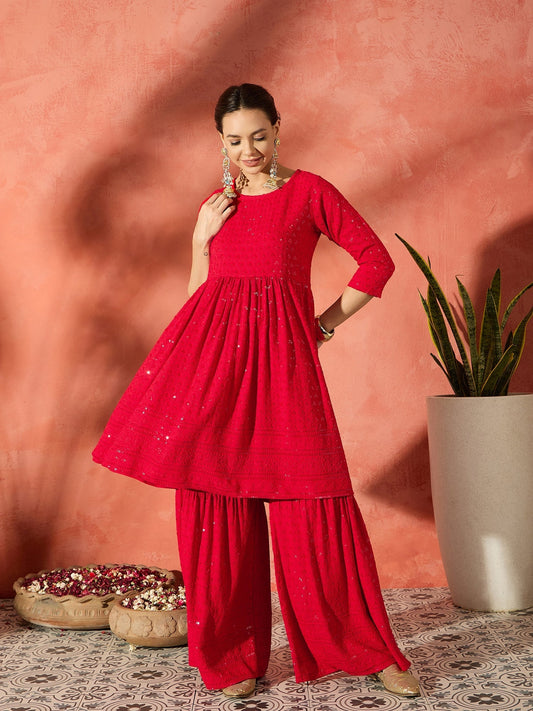 InWeave Red Chikankari Anarkali Kurta Sharara Set - Swadesiicart