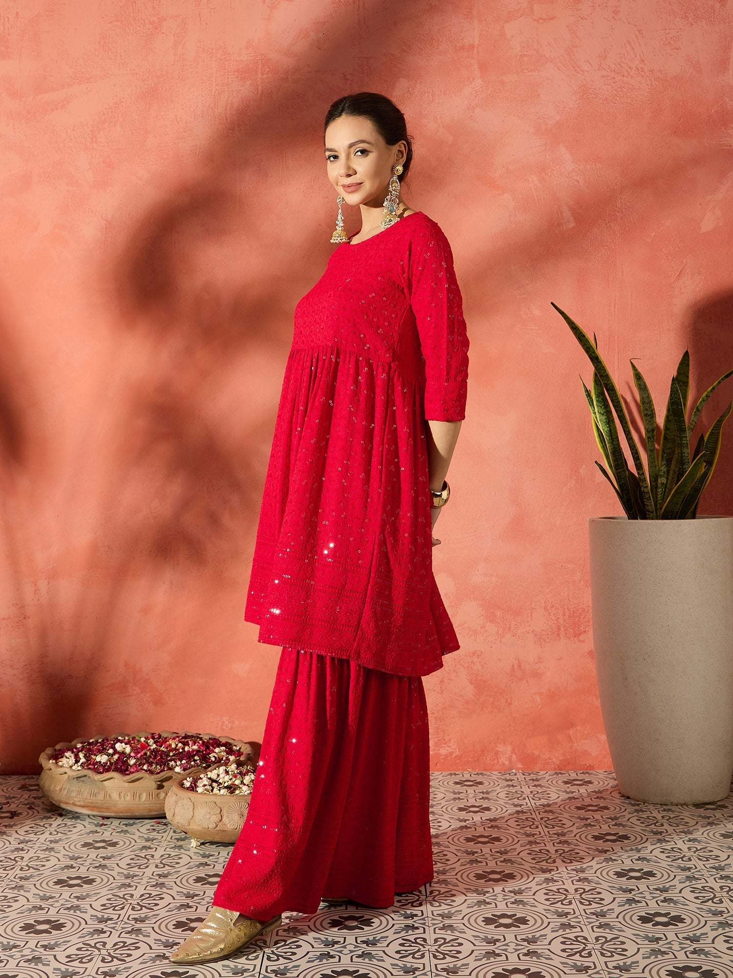 InWeave Red Chikankari Anarkali Kurta Sharara Set - Swadesiicart