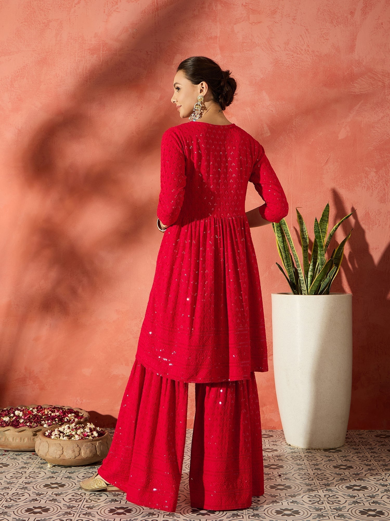 InWeave Red Chikankari Anarkali Kurta Sharara Set - Swadesiicart
