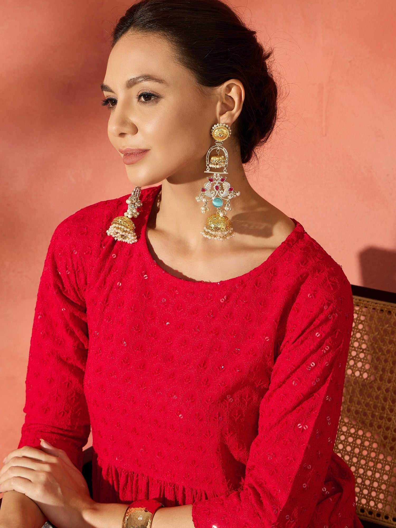 InWeave Red Chikankari Anarkali Kurta Sharara Set - Swadesiicart