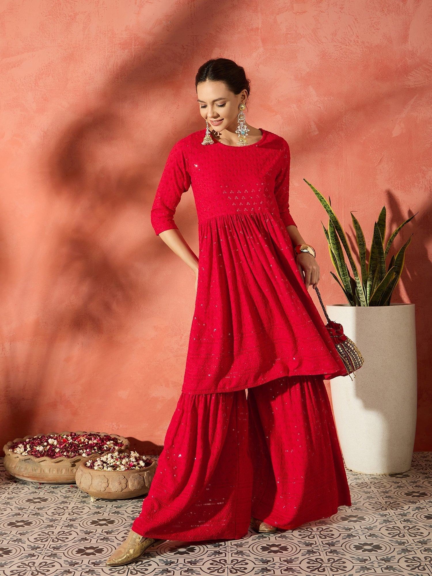 InWeave Red Chikankari Anarkali Kurta Sharara Set - Swadesiicart