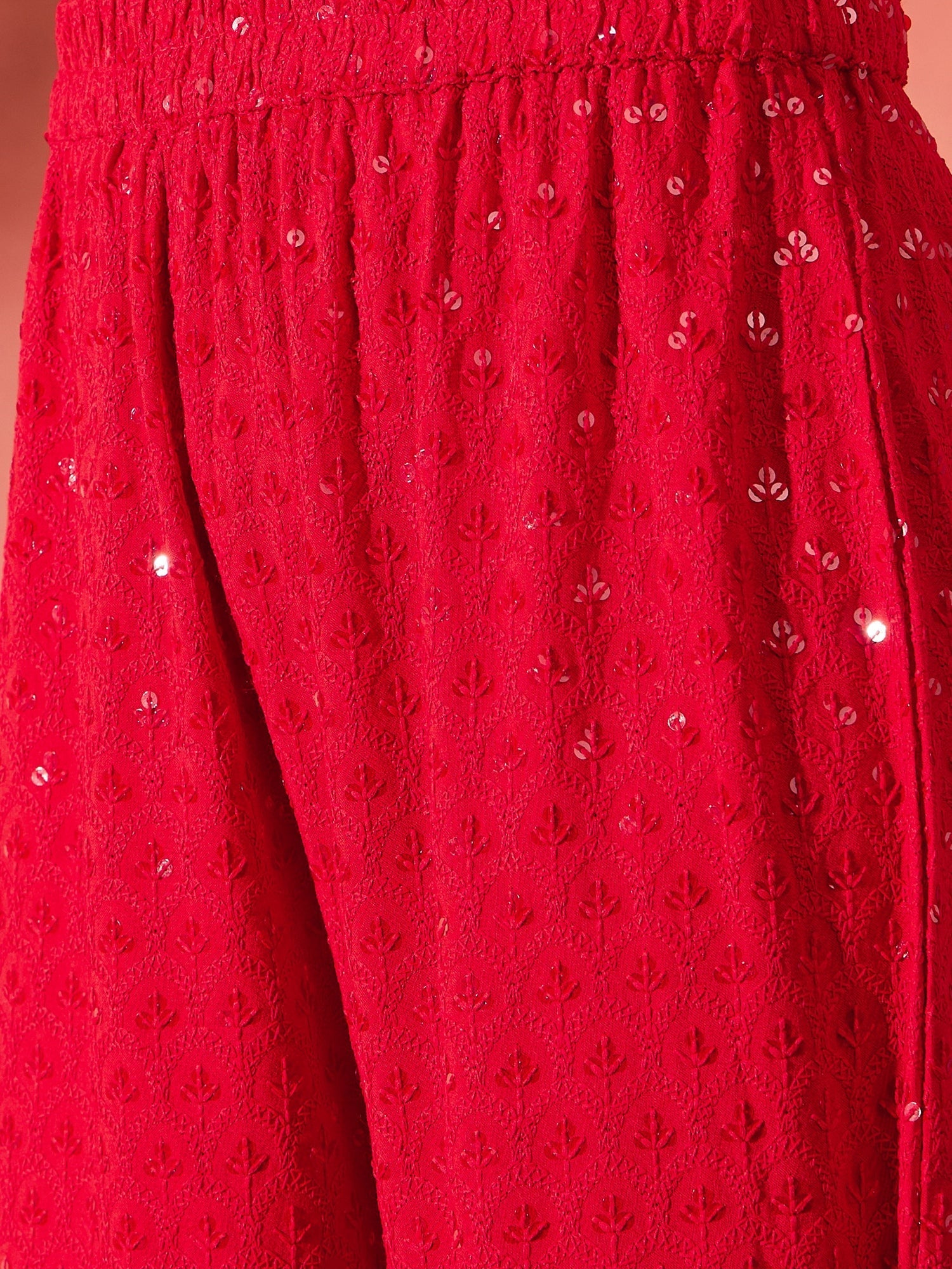 InWeave Red Chikankari Anarkali Kurta Sharara Set - Swadesiicart