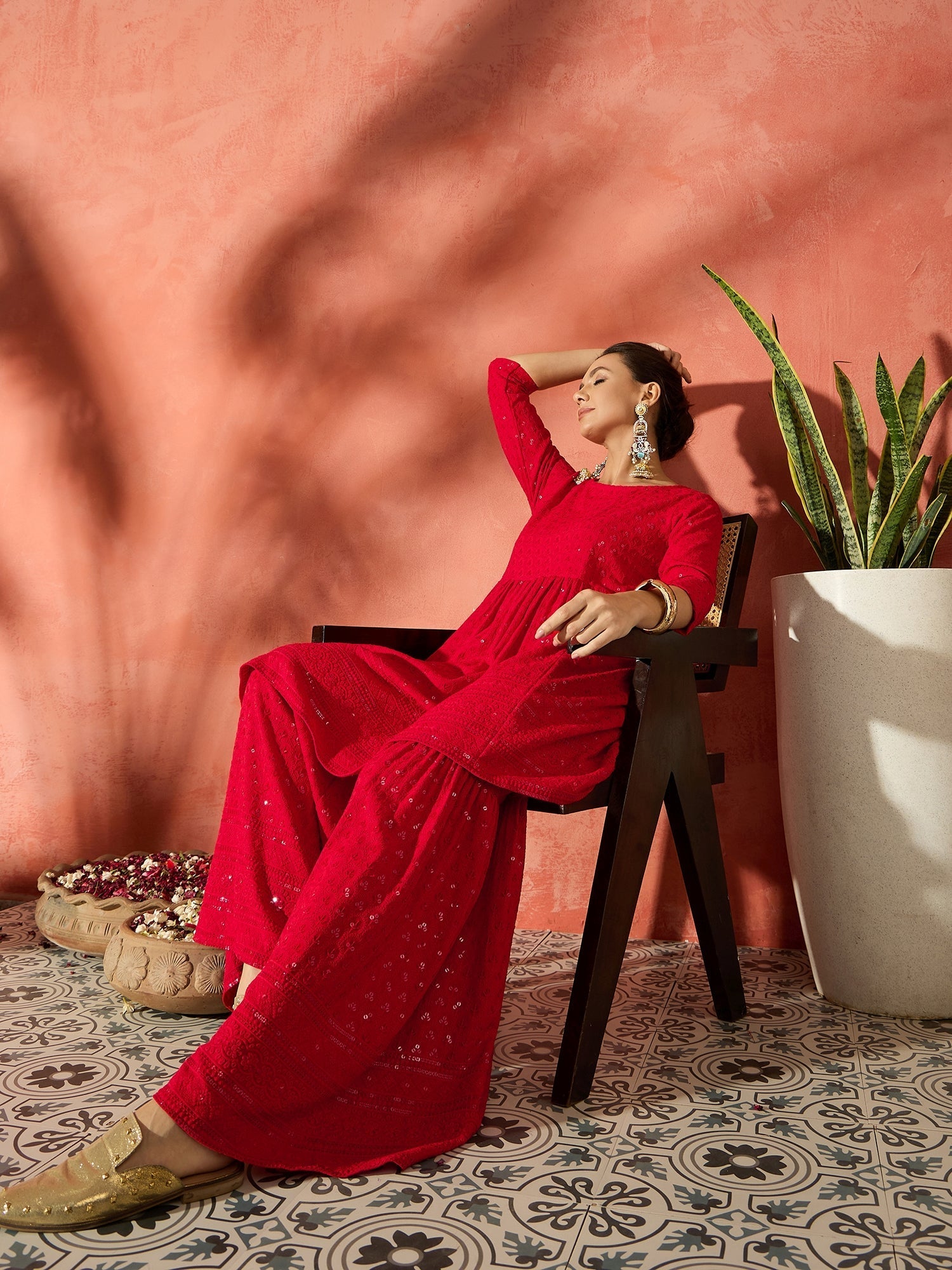InWeave Red Chikankari Anarkali Kurta Sharara Set - Swadesiicart