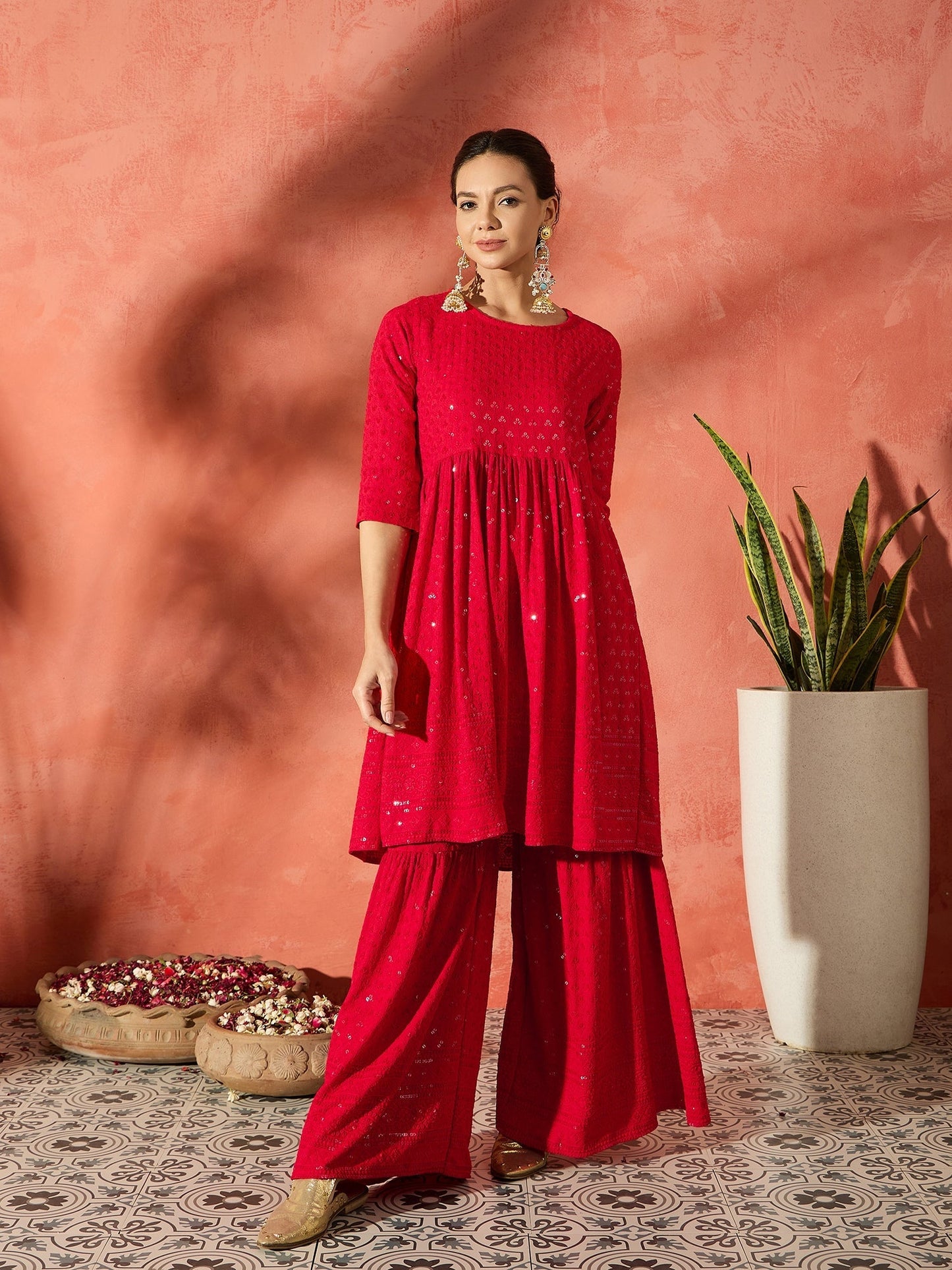 InWeave Red Chikankari Anarkali Kurta Sharara Set - Swadesiicart