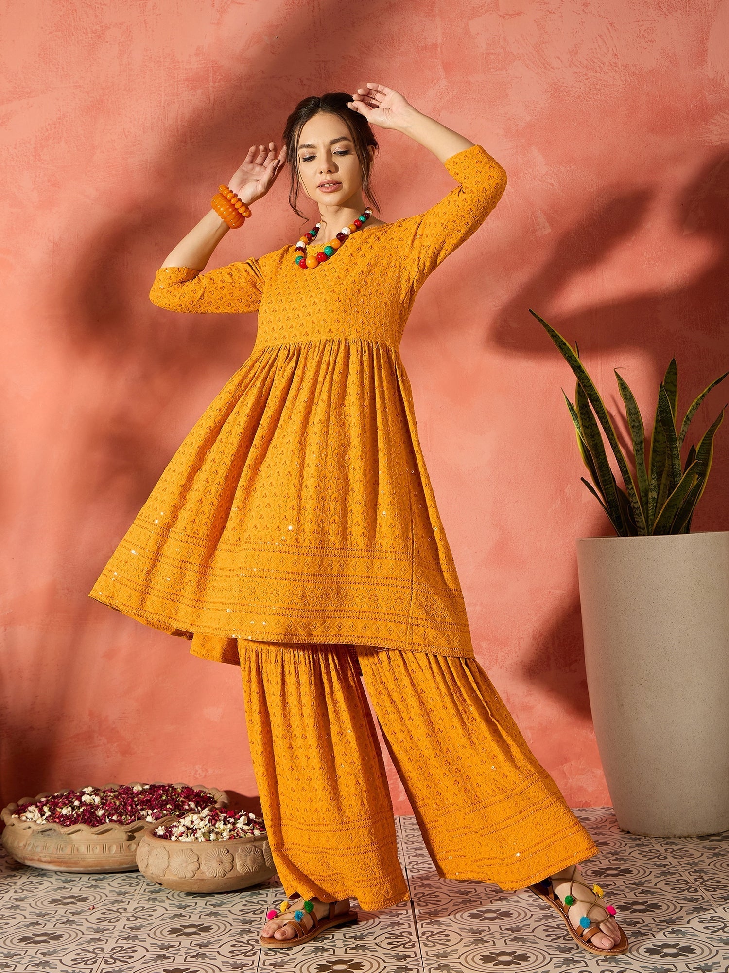 InWeave Mustard Chikankari Anarkali Kurta Sharara Set - Swadesiicart