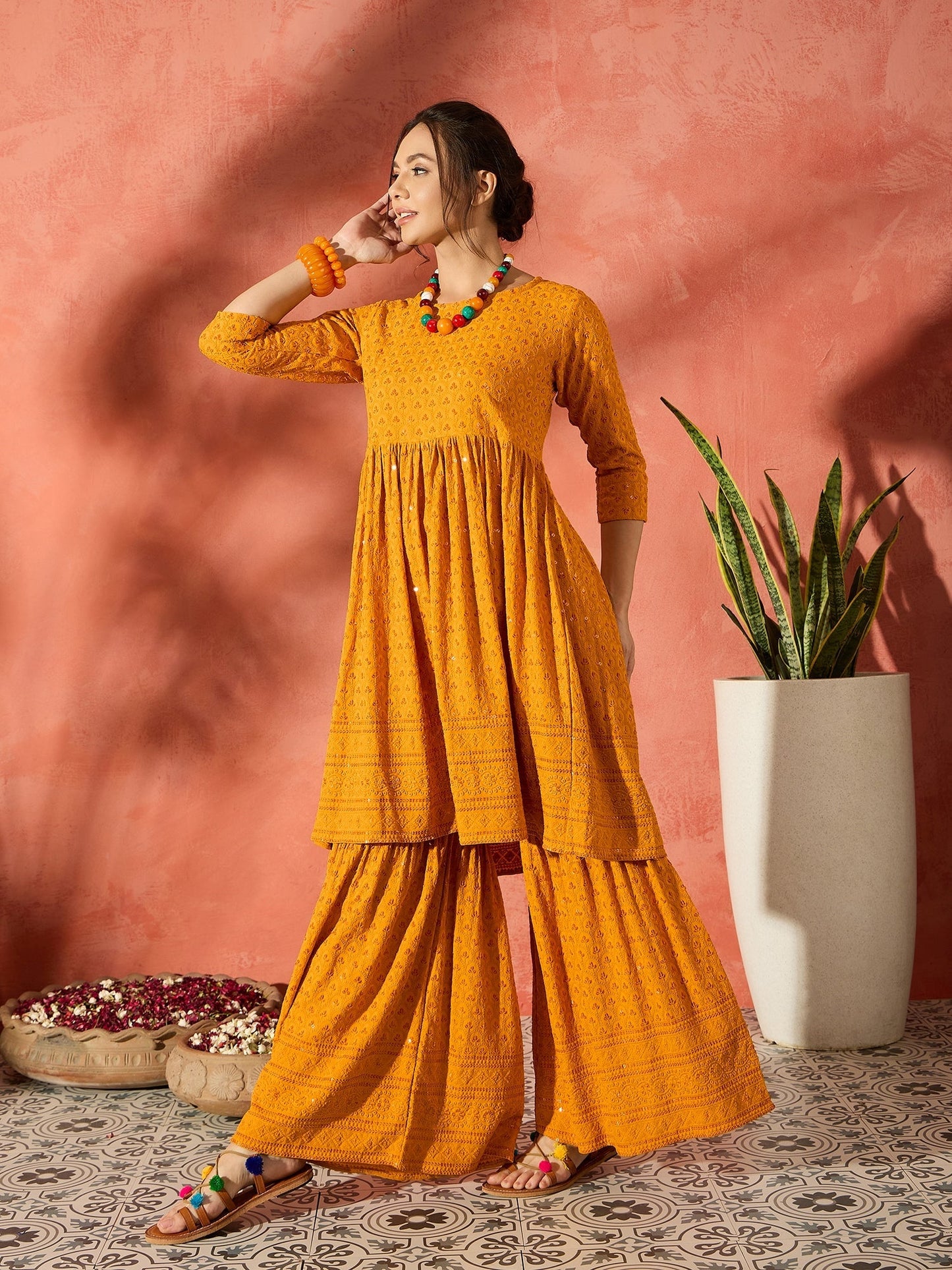 InWeave Mustard Chikankari Anarkali Kurta Sharara Set - Swadesiicart