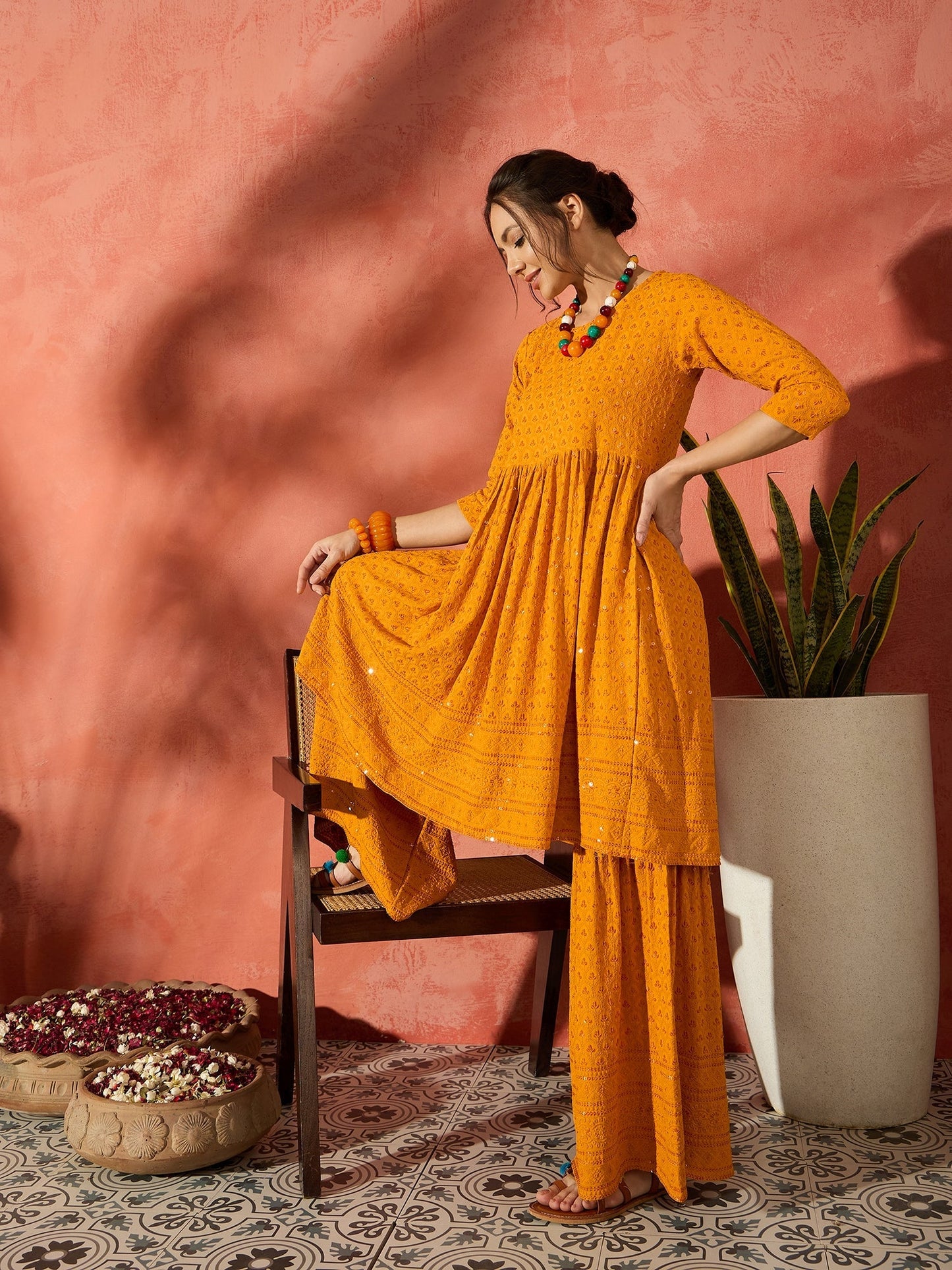 InWeave Mustard Chikankari Anarkali Kurta Sharara Set - Swadesiicart