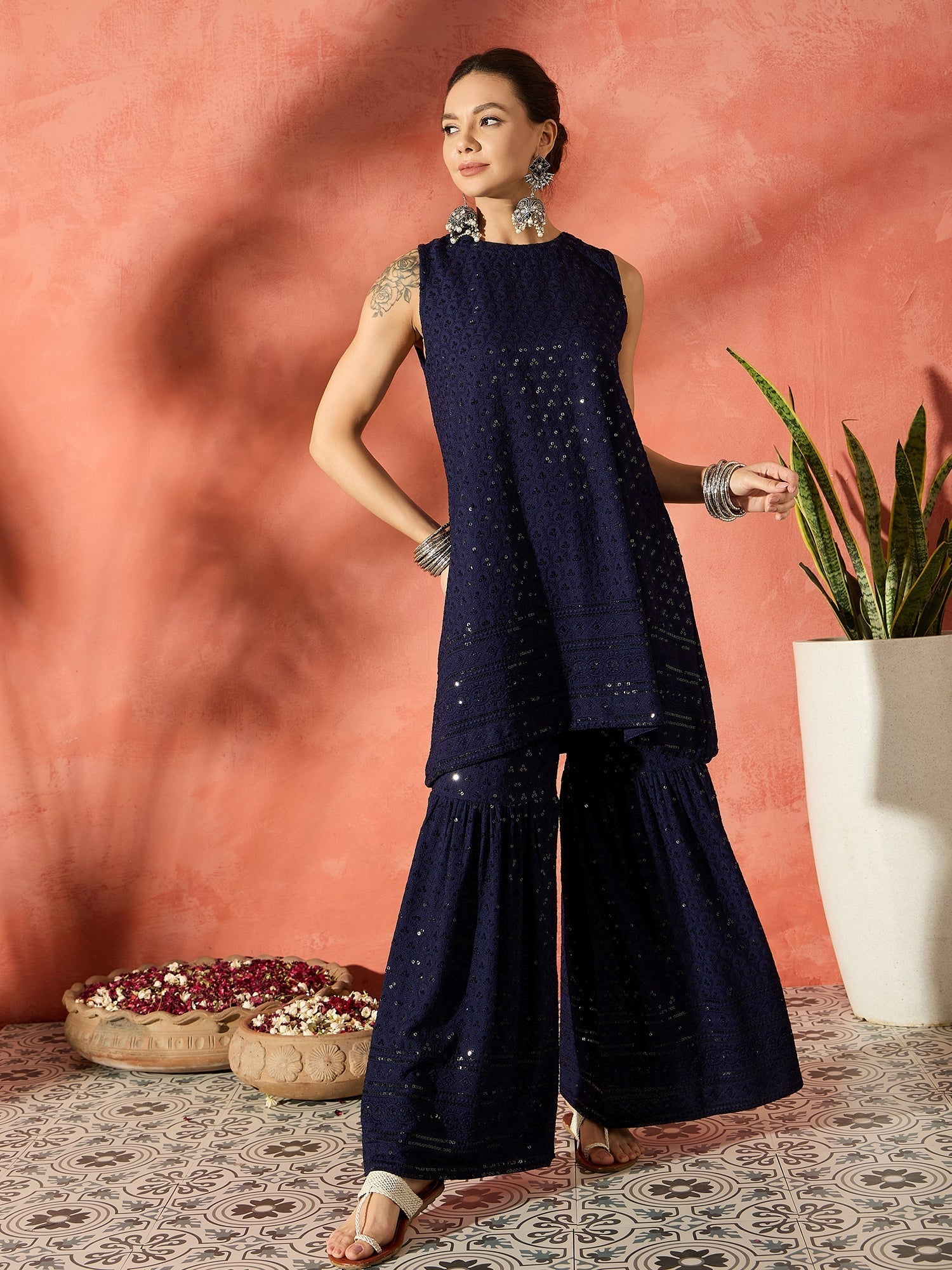 InWeave Blue Chikankari Short Kurta Set - Swadesiicart