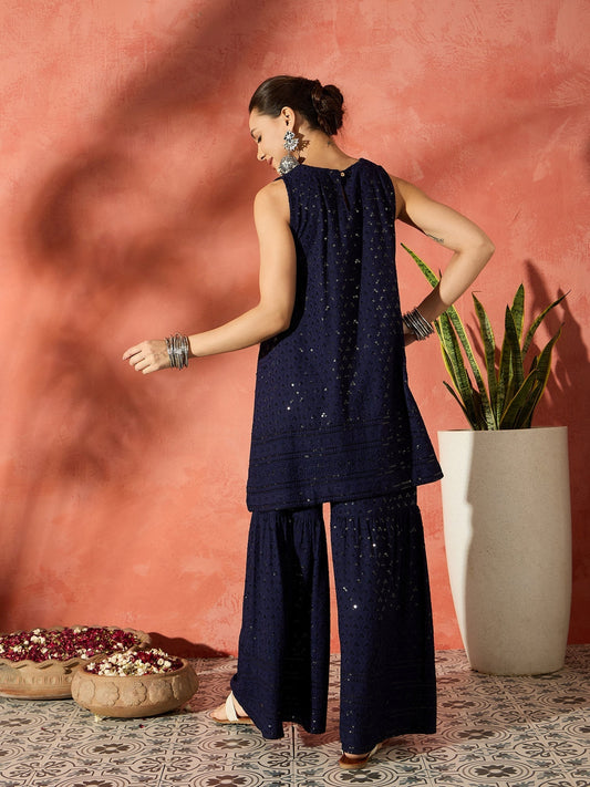 InWeave Blue Chikankari Short Kurta Set - Swadesiicart