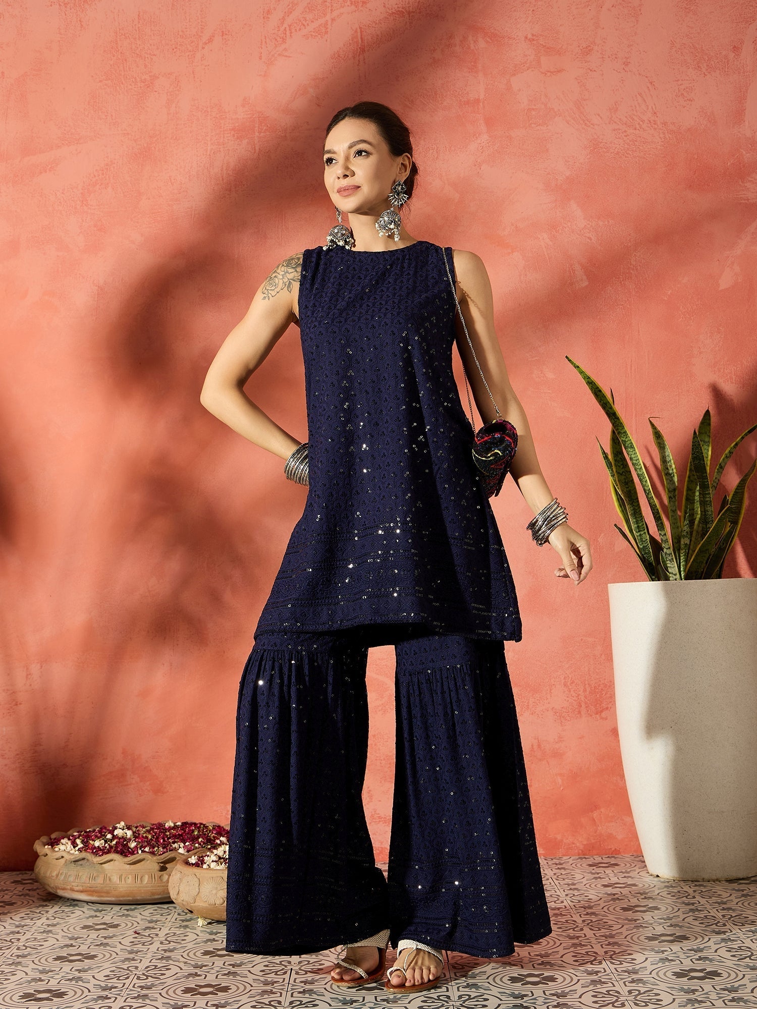 InWeave Blue Chikankari Short Kurta Set - Swadesiicart