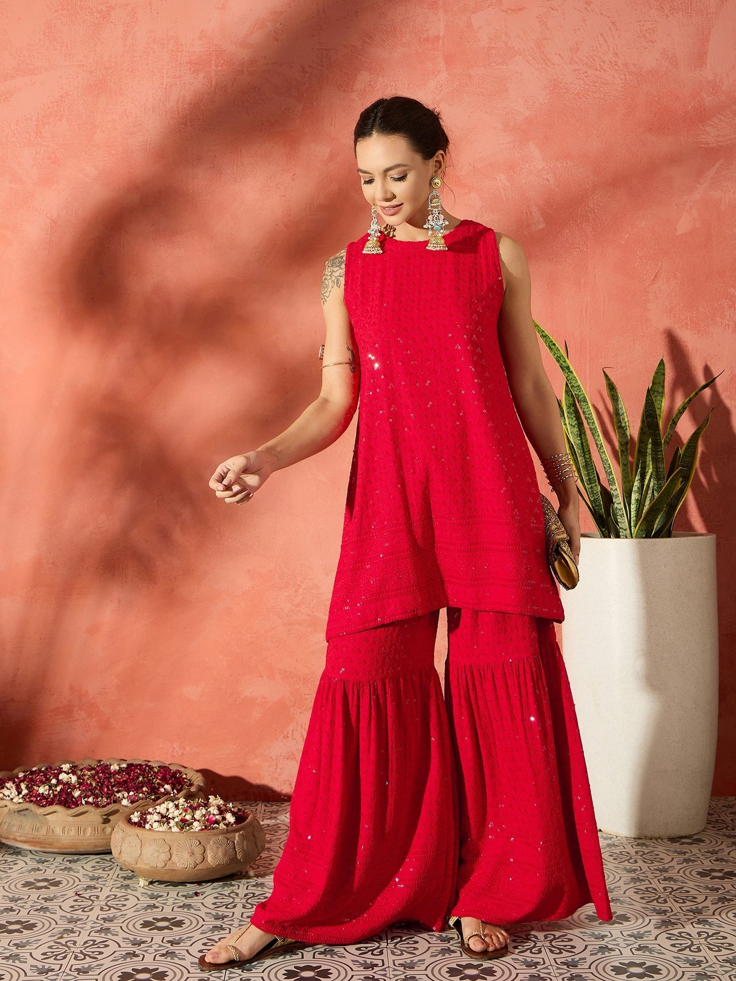 InWeave Red Chikankari Short Kurta Set - Swadesiicart