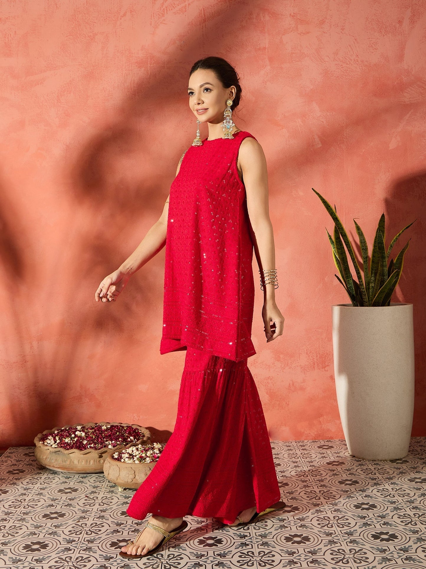 InWeave Red Chikankari Short Kurta Set - Swadesiicart