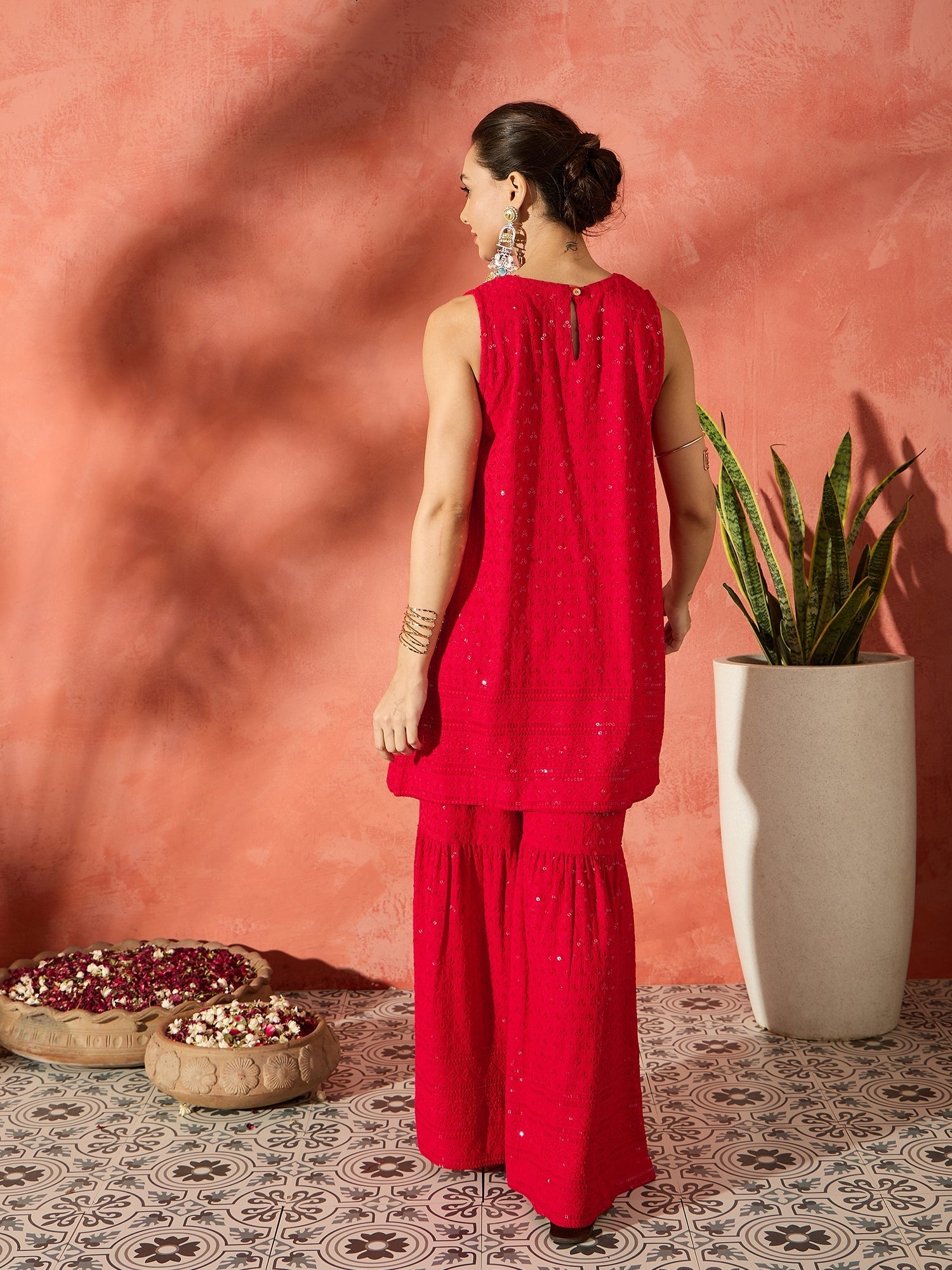 InWeave Red Chikankari Short Kurta Set - Swadesiicart