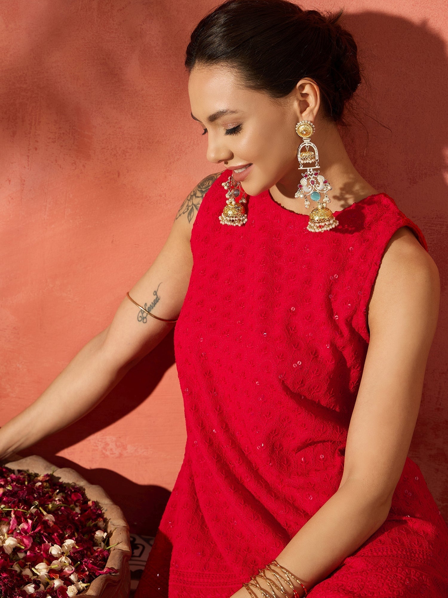 InWeave Red Chikankari Short Kurta Set - Swadesiicart