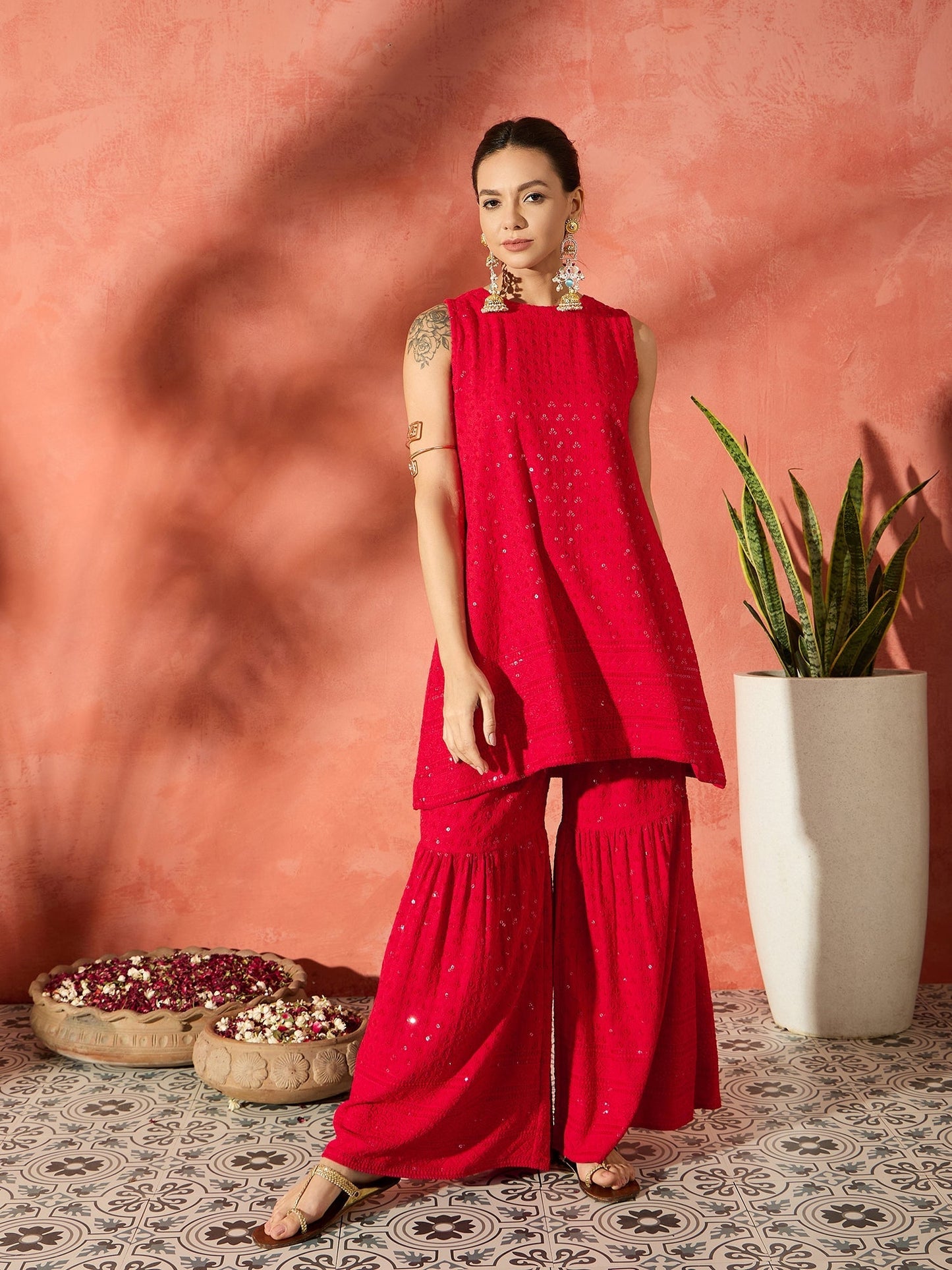 InWeave Red Chikankari Short Kurta Set - Swadesiicart