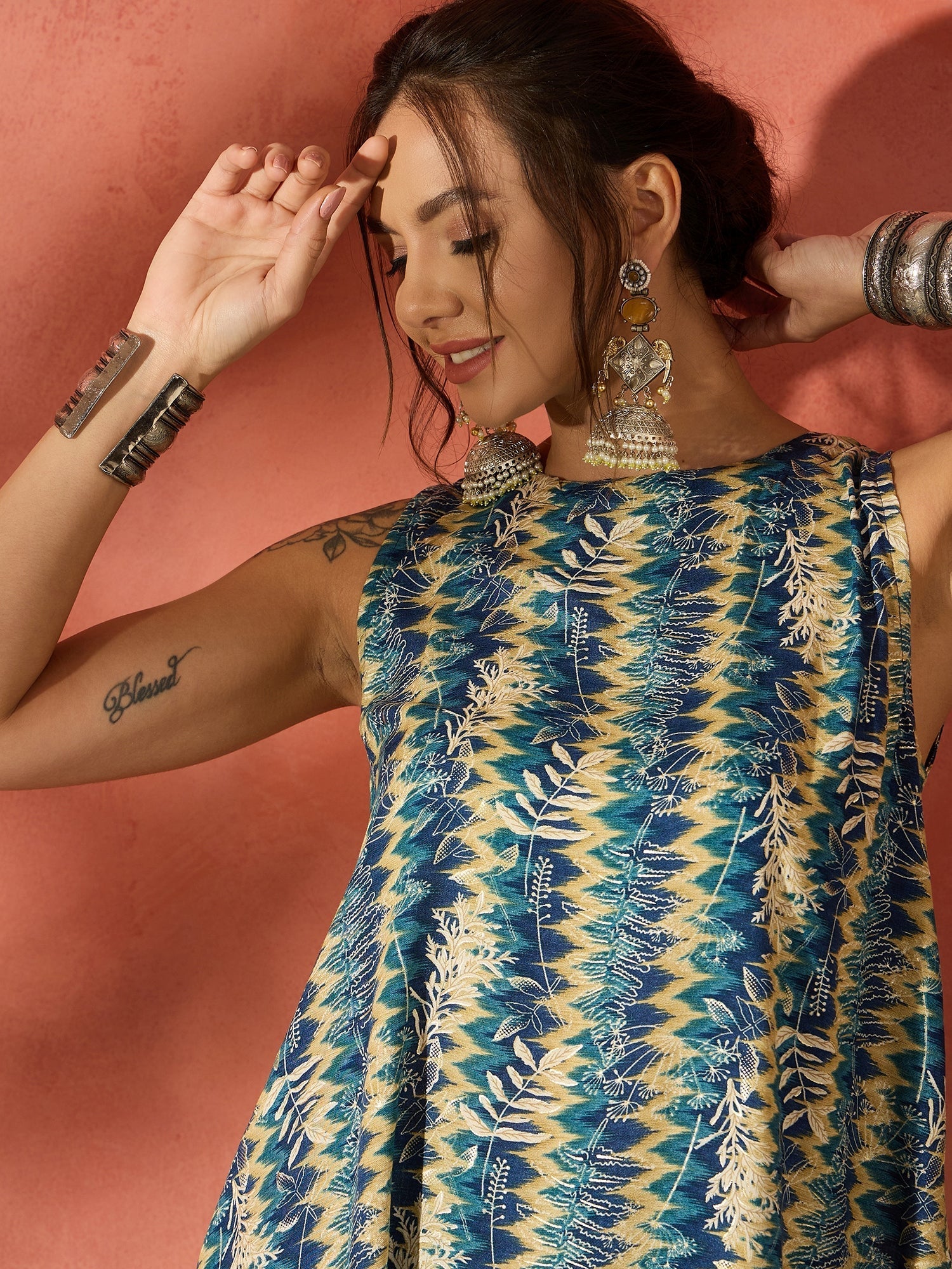 InWeave Teal Leaf Zig Zag Foil W/S Kurta Pant Set - Swadesiicart
