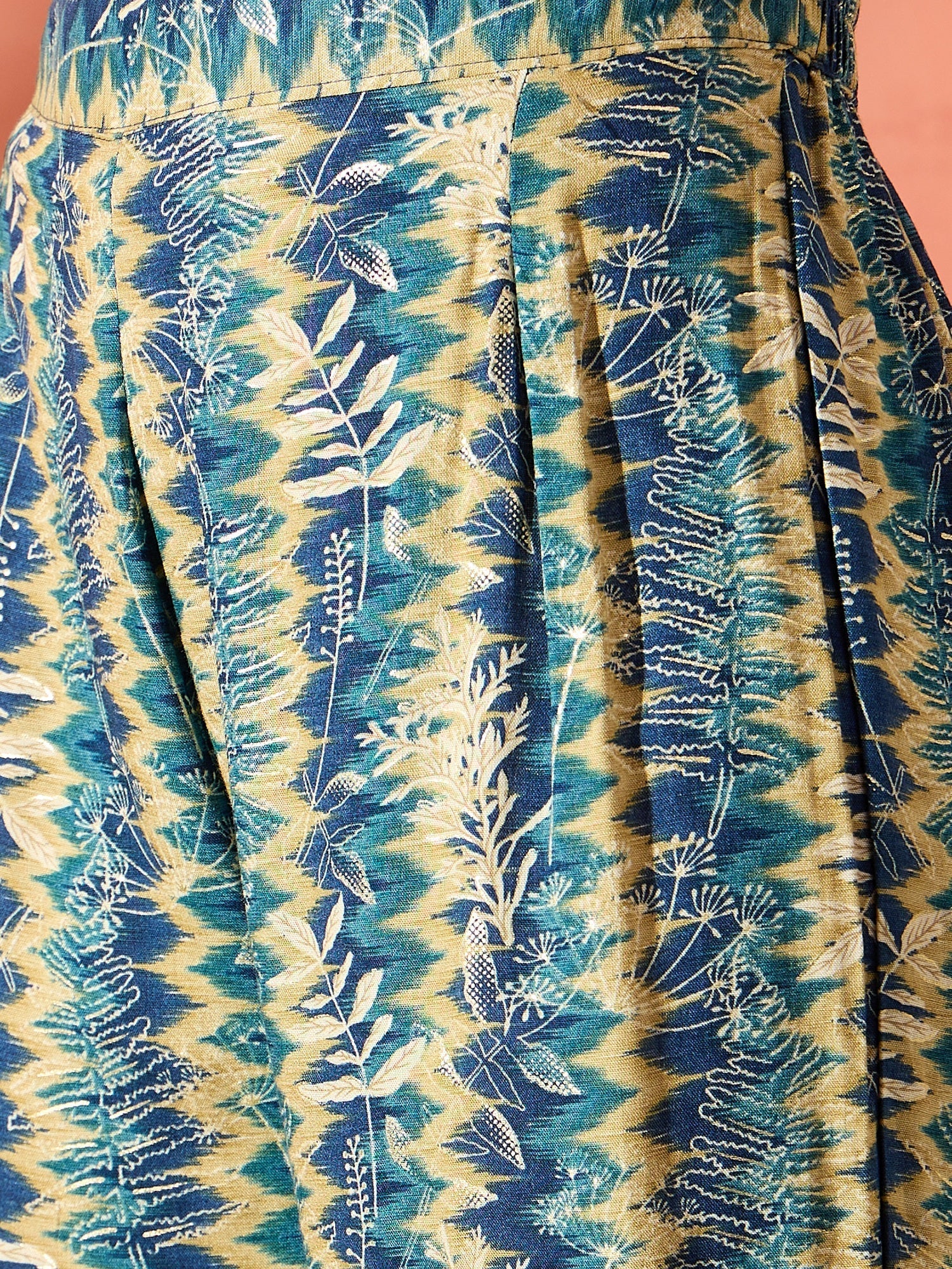 InWeave Teal Leaf Zig Zag Foil W/S Kurta Pant Set - Swadesiicart