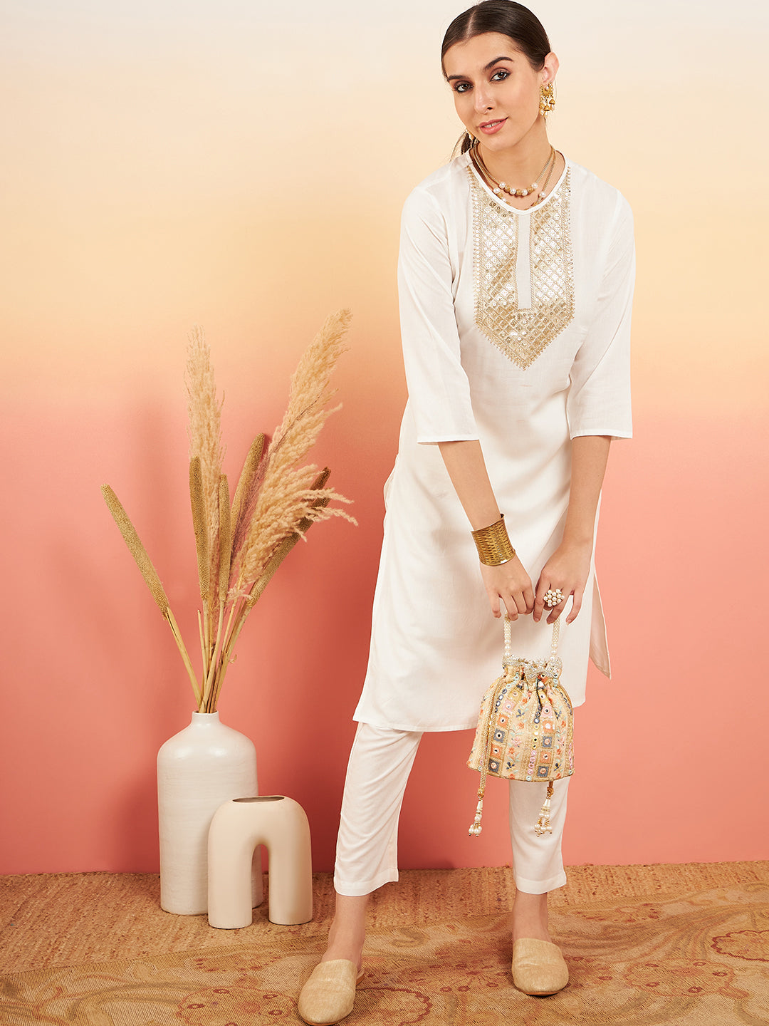 InWeave Women's Cream Sequance Patch Work Kurta Set - Swadesiicart
