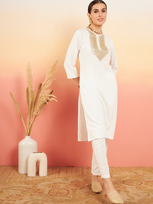 InWeave Women's Cream Sequance Patch Work Kurta Set - Swadesiicart