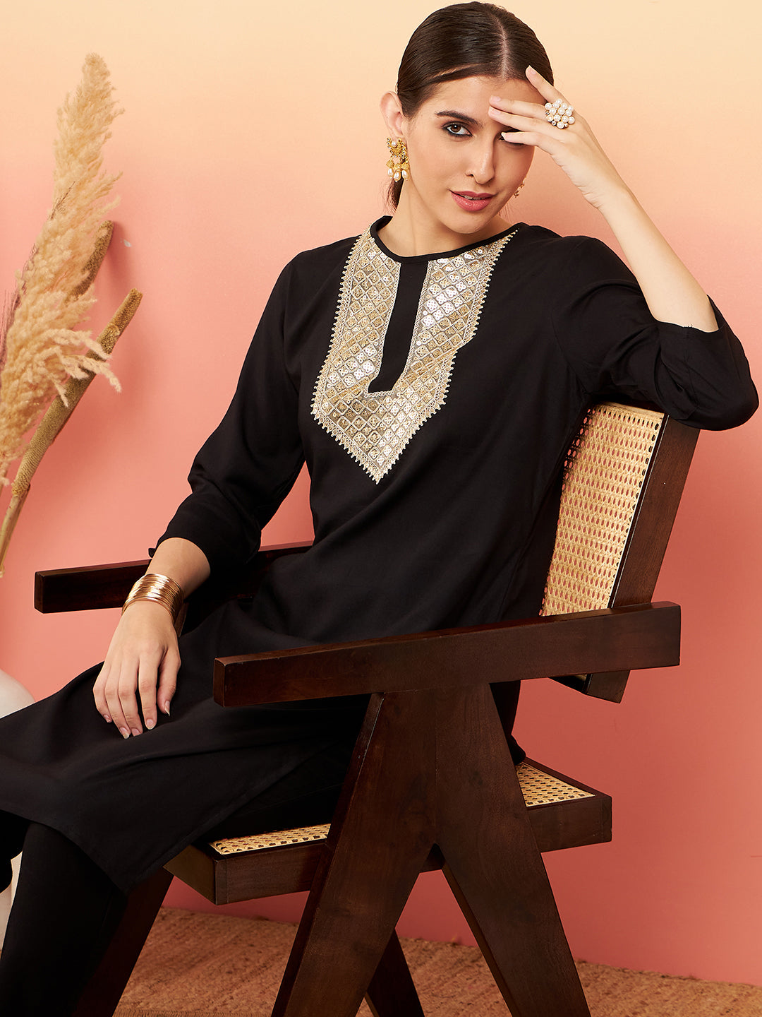 InWeave Women's Black Sequance Patch Work Kurta Set - Swadesiicart