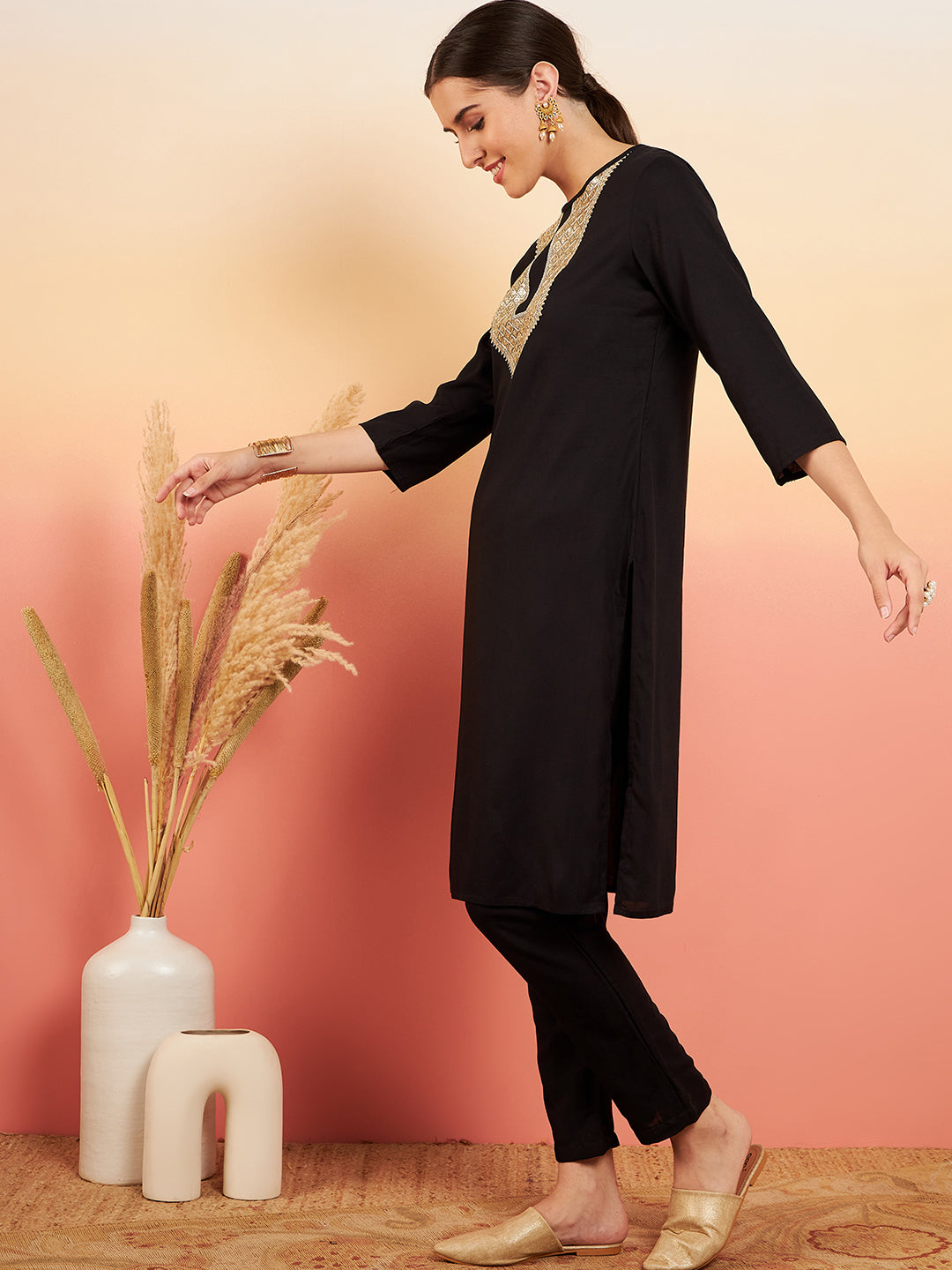 InWeave Women's Black Sequance Patch Work Kurta Set - Swadesiicart