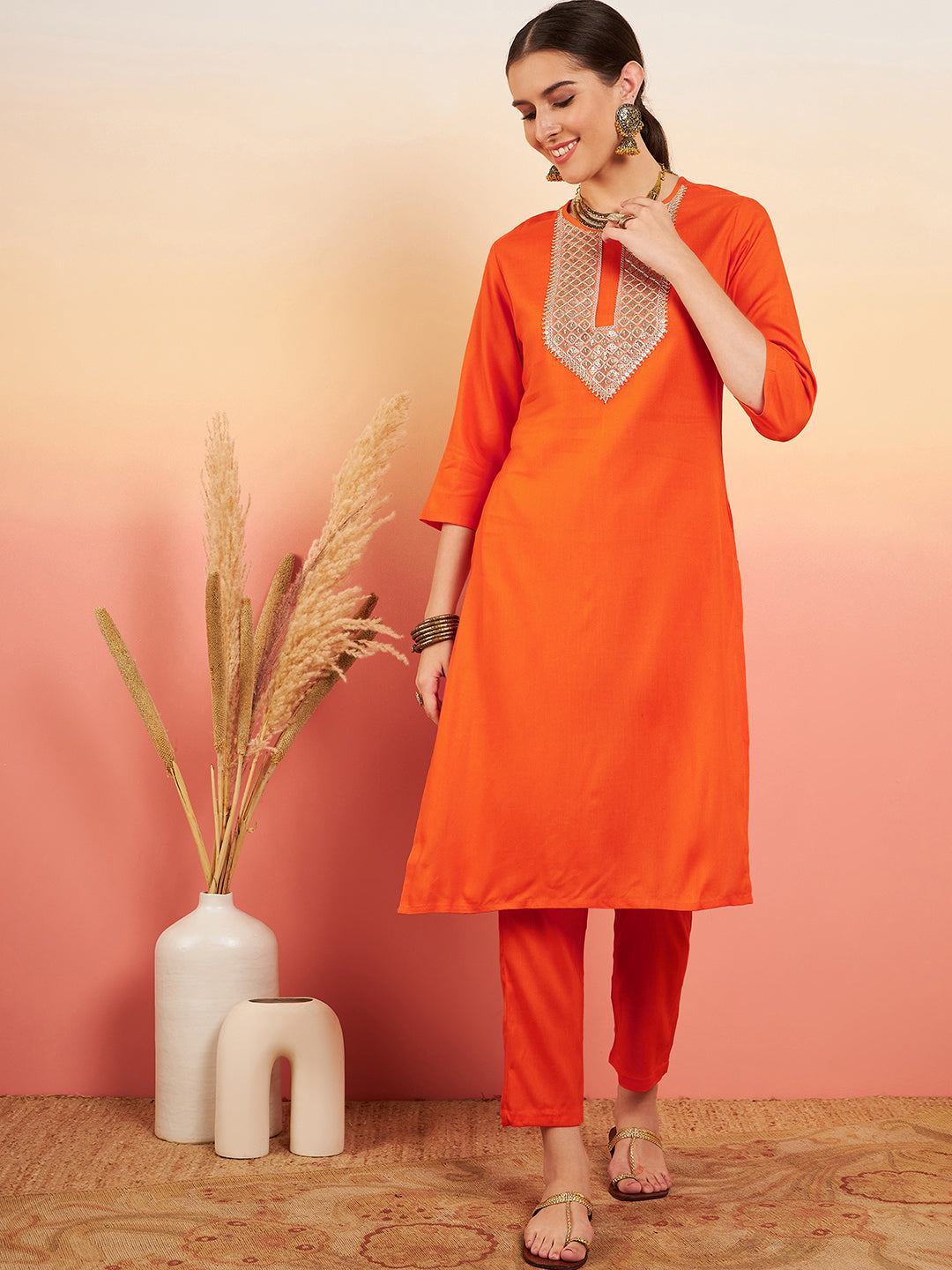InWeave Women's Orange Sequance Patch Work Kurta Set - Swadesiicart