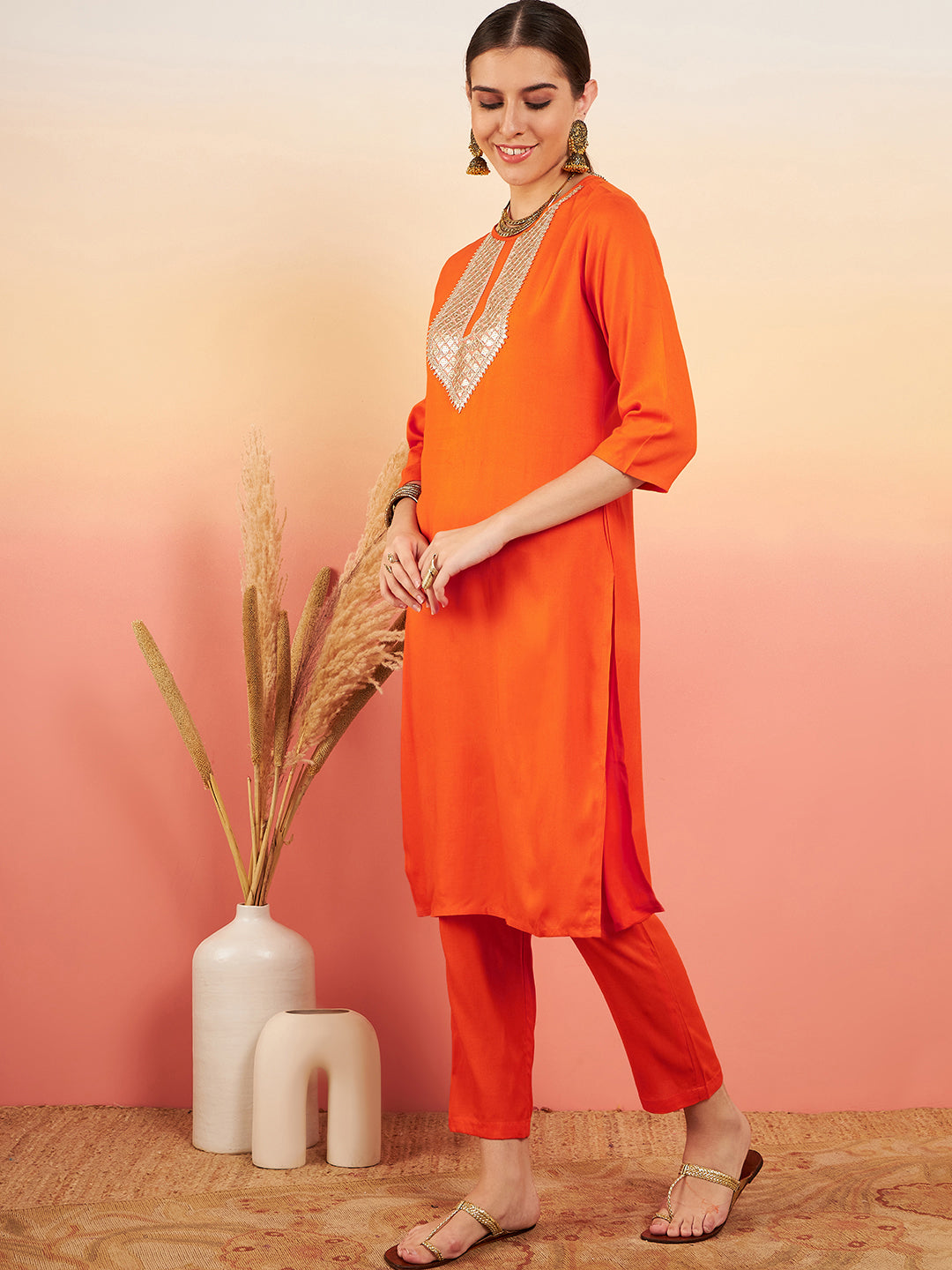 InWeave Women's Orange Sequance Patch Work Kurta Set - Swadesiicart