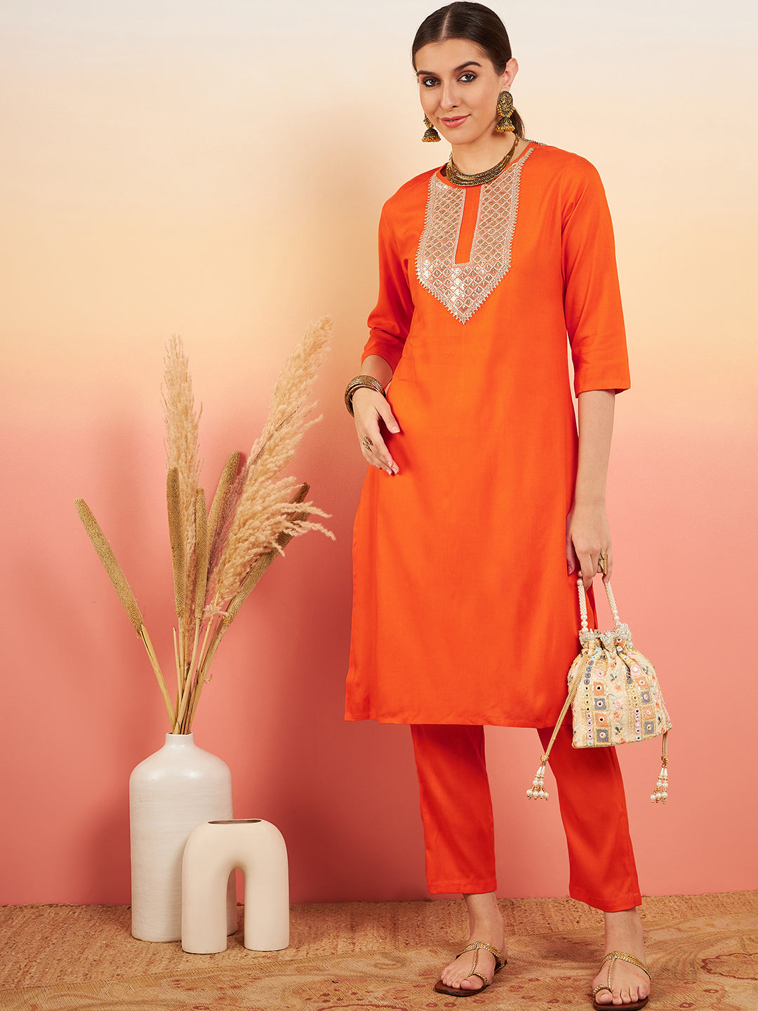 InWeave Women's Orange Sequance Patch Work Kurta Set - Swadesiicart