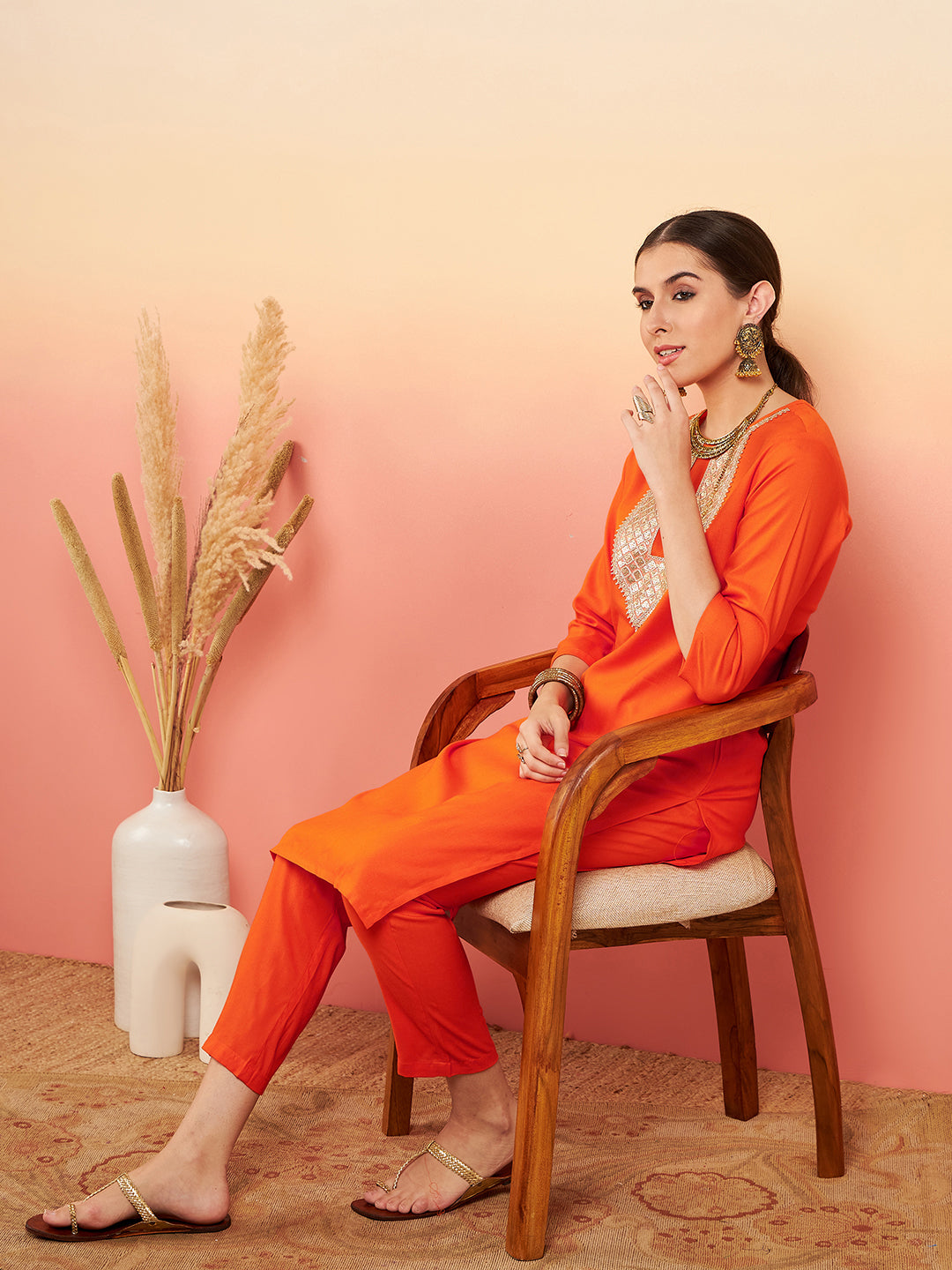 InWeave Women's Orange Sequance Patch Work Kurta Set - Swadesiicart