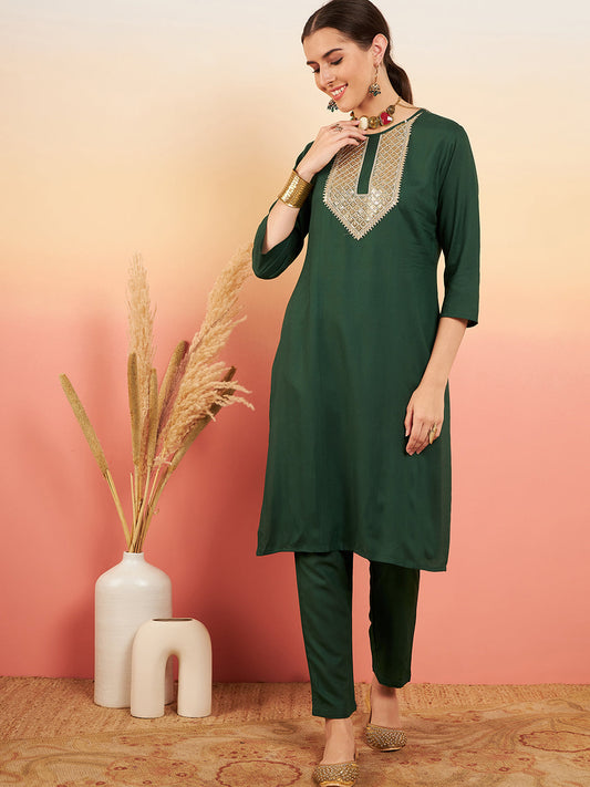 InWeave Women's Dark Green Sequance Patch Work Kurta Set - Swadesiicart