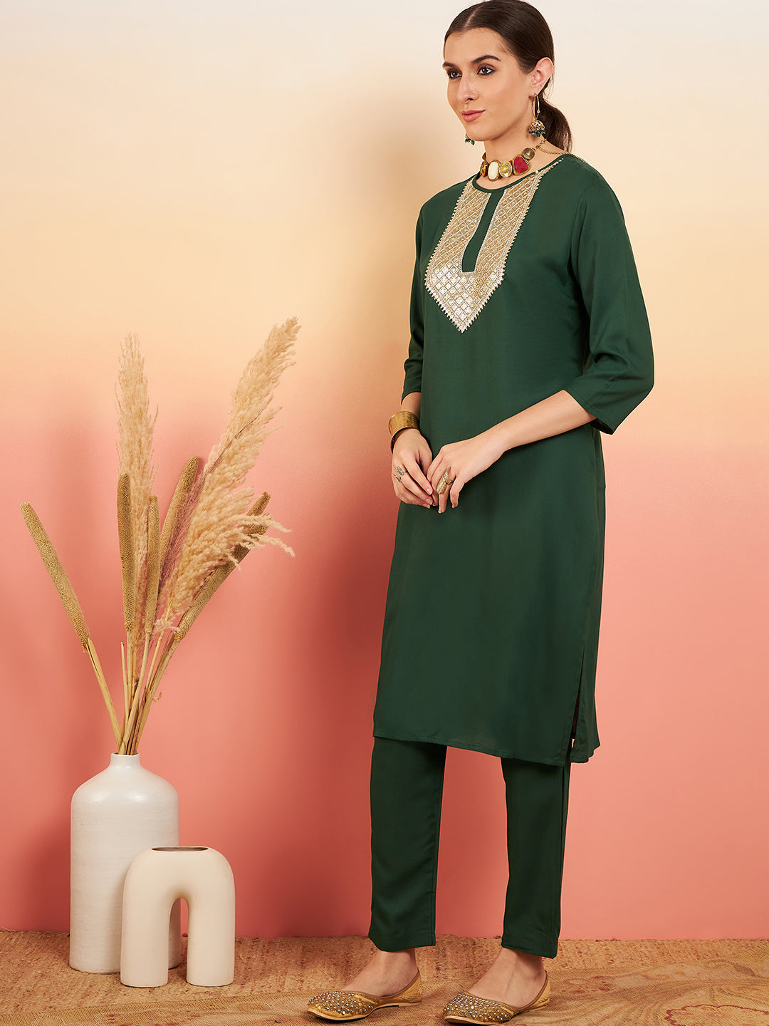 InWeave Women's Dark Green Sequance Patch Work Kurta Set - Swadesiicart